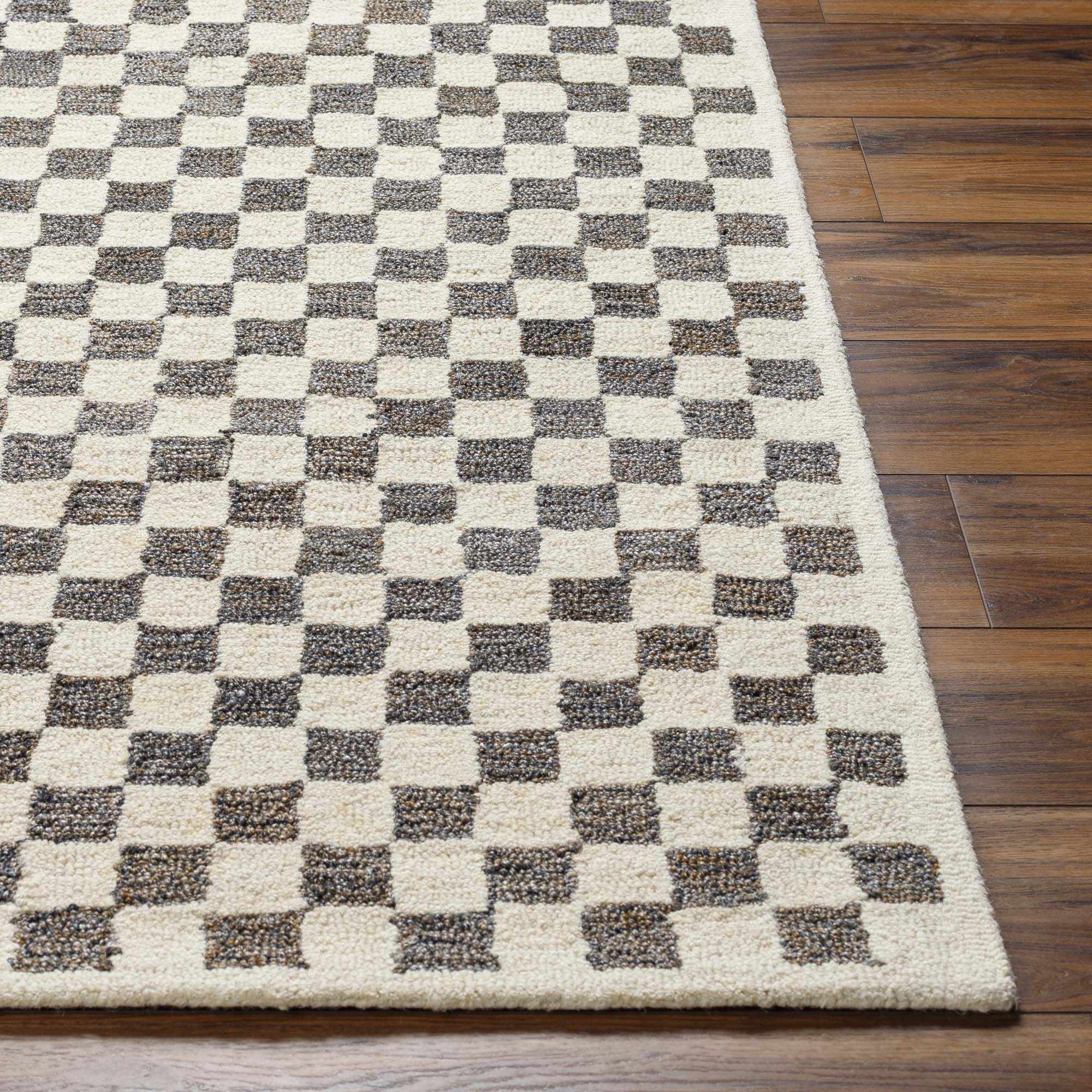 Modern Geometrical Beige and Brown Checkered Hand Tufted wool and Pet yarn Rug - Image 3
