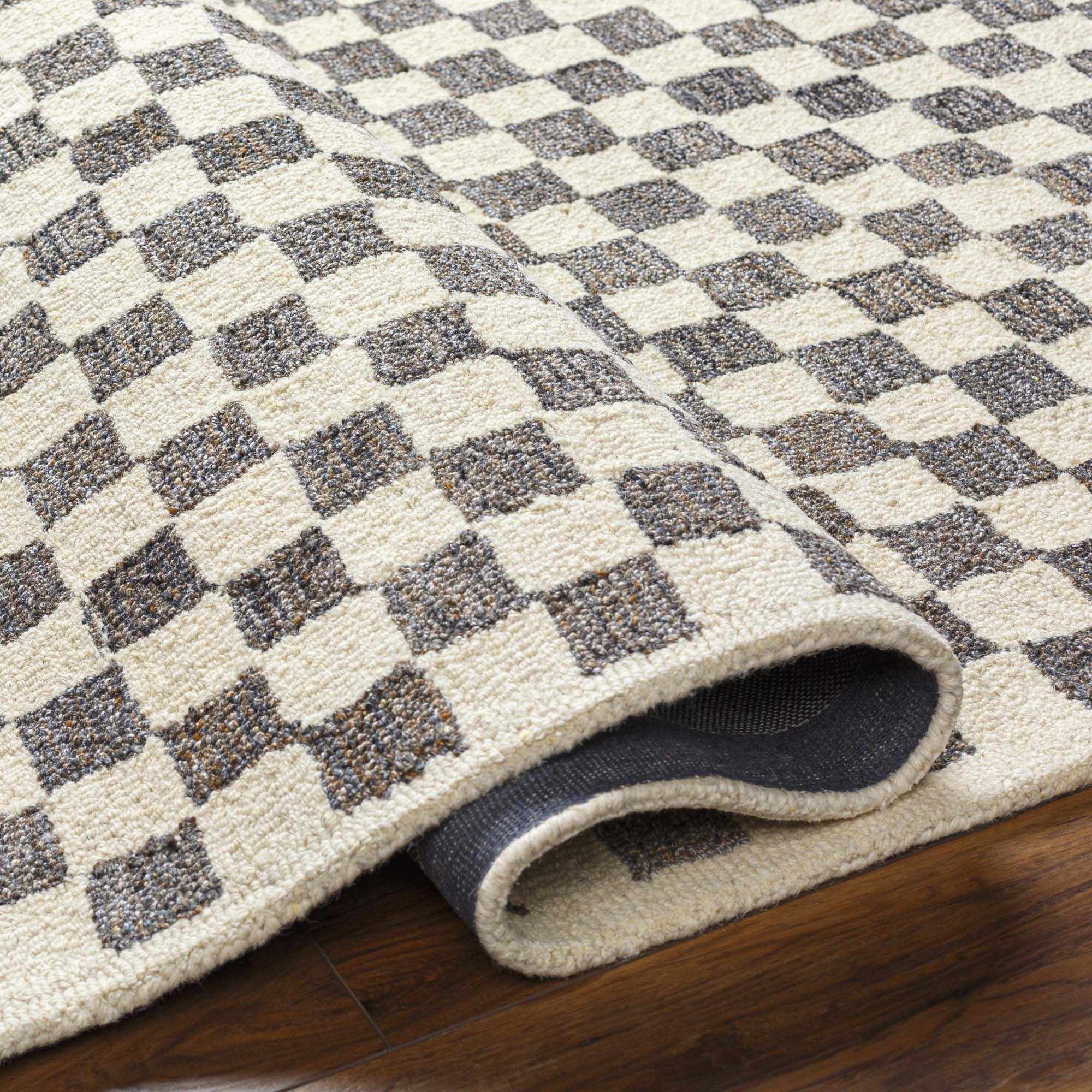 Modern Geometrical Beige and Brown Checkered Hand Tufted wool and Pet yarn Rug - Image 4