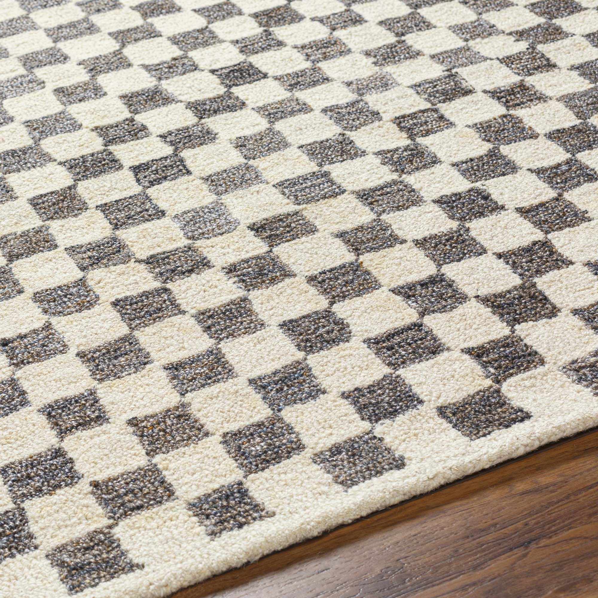 Modern Geometrical Beige and Brown Checkered Hand Tufted wool and Pet yarn Rug - Image 5