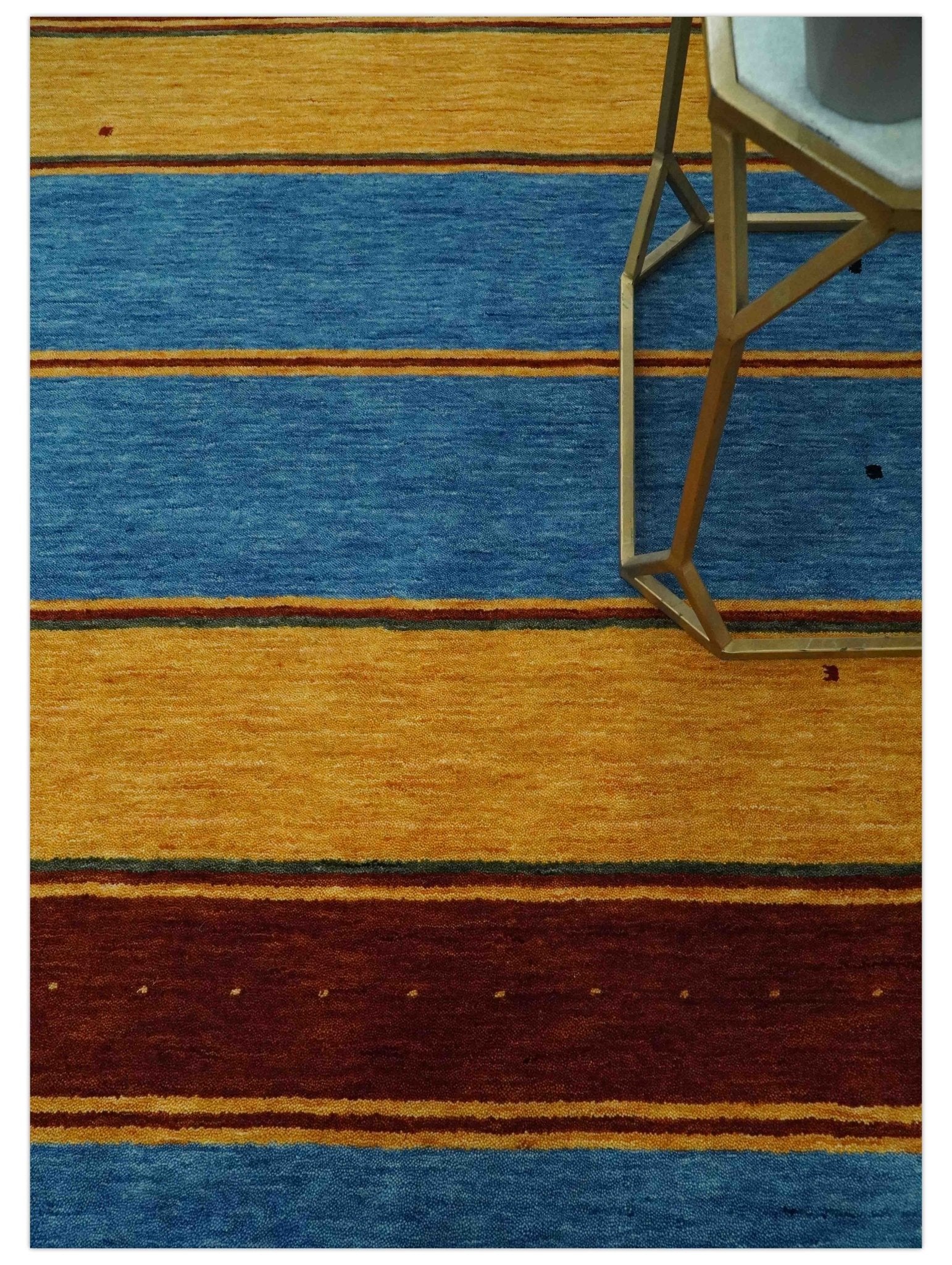 Custom Made Modern Geometrical Blue, Gold, Brown and Green Stripes Design Wool Area Rug - Image 2