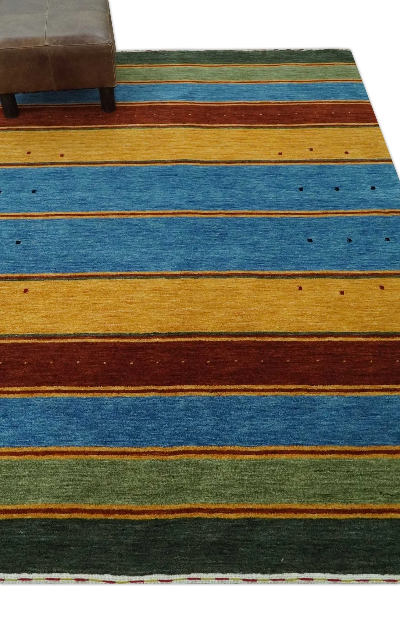 Custom Made Modern Geometrical Blue, Gold, Brown and Green Stripes Design Wool Area Rug - Image 3