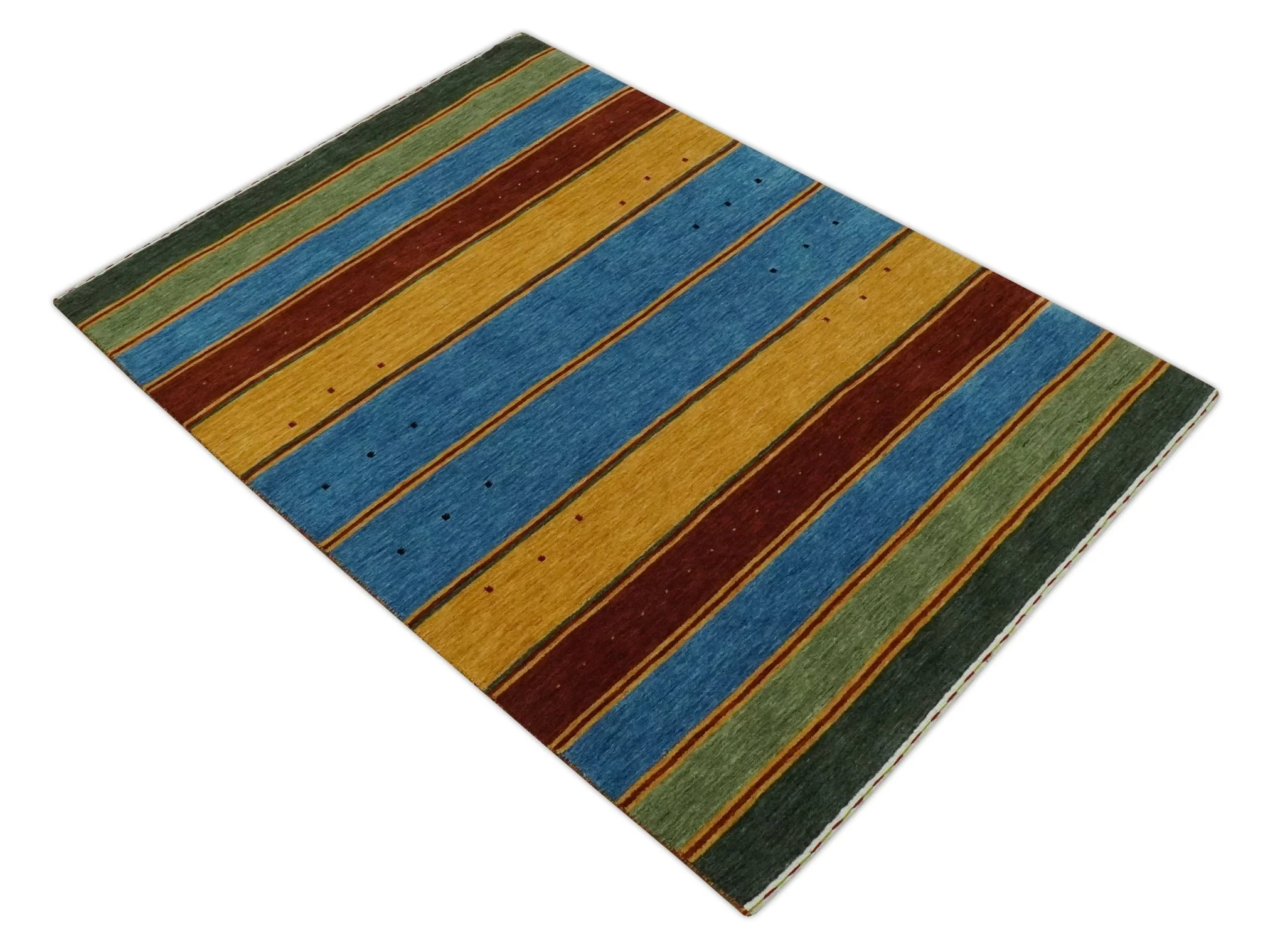 Custom Made Modern Geometrical Blue, Gold, Brown and Green Stripes Design Wool Area Rug - Image 8
