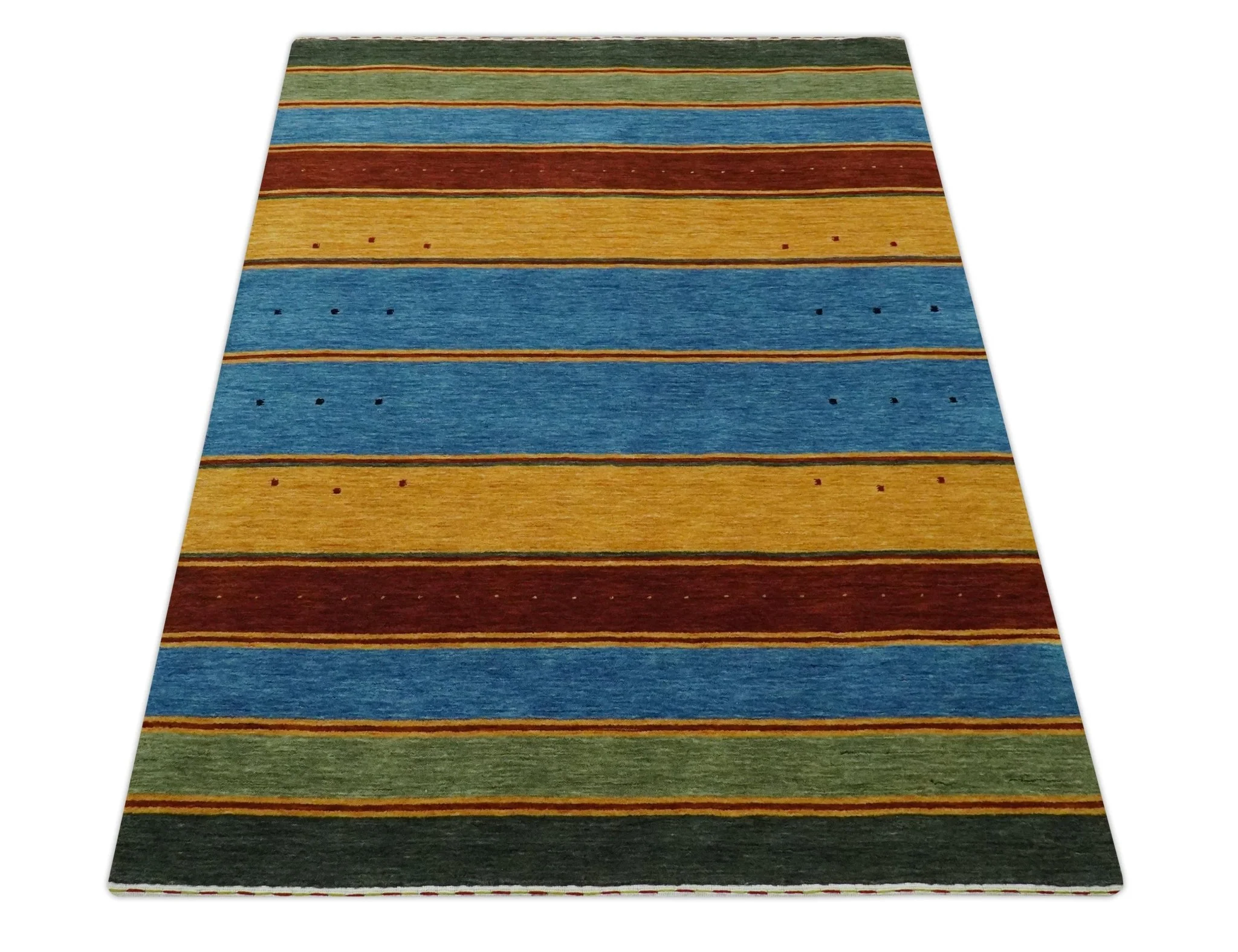 Modern Geometrical Blue, Gold, Brown and Green Stripes Design Hand loom 4.6x7 wool Area Rug - Image 10