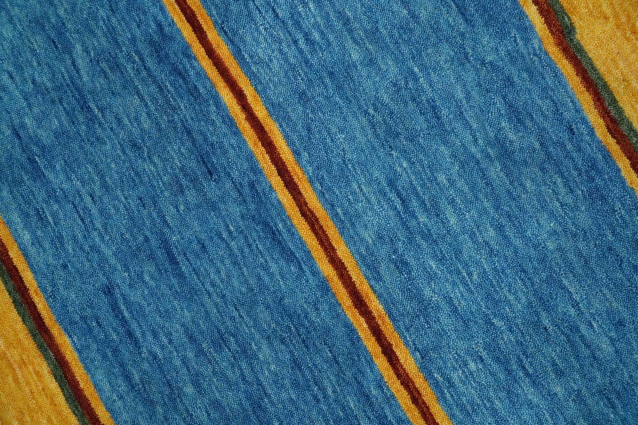 Modern Geometrical Blue, Gold, Brown and Green Stripes Design Hand loom 4.6x7 wool Area Rug - Image 4