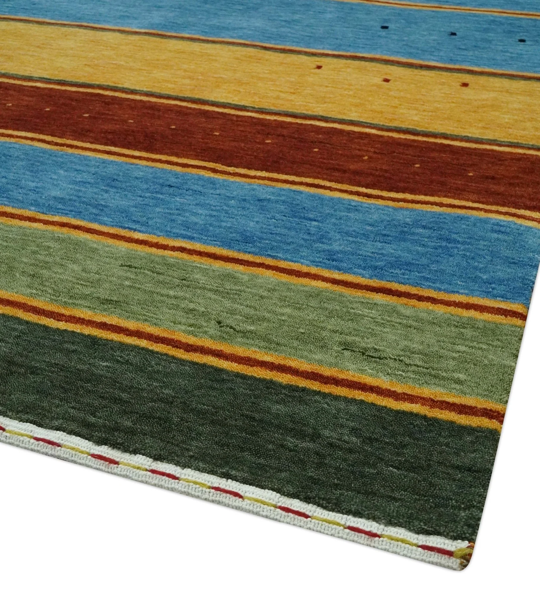 Modern Geometrical Blue, Gold, Brown and Green Stripes Design Hand loom 4.6x7 wool Area Rug - Image 5