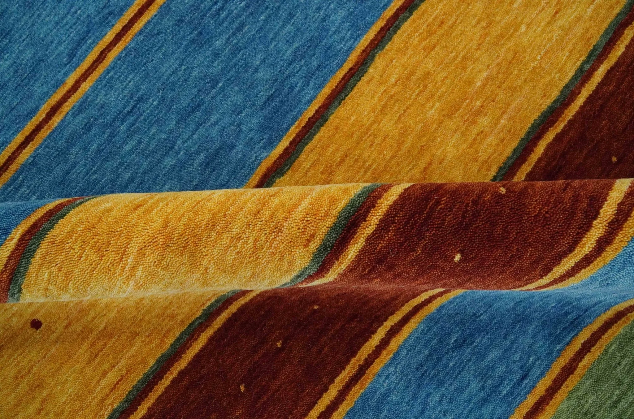 Modern Geometrical Blue, Gold, Brown and Green Stripes Design Hand loom 4.6x7 wool Area Rug - Image 6