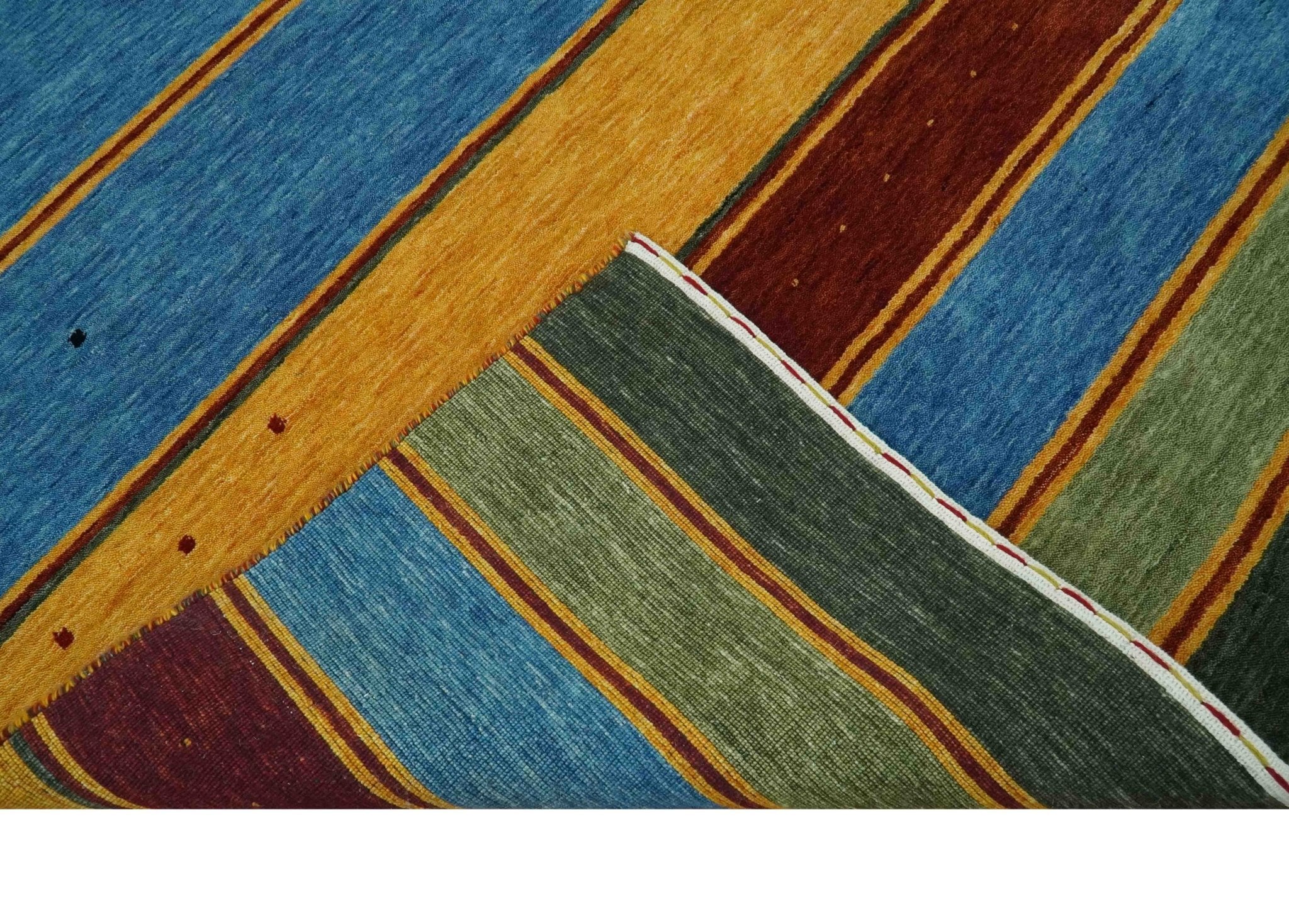 Modern Geometrical Blue, Gold, Brown and Green Stripes Design Hand loom 4.6x7 wool Area Rug - Image 7
