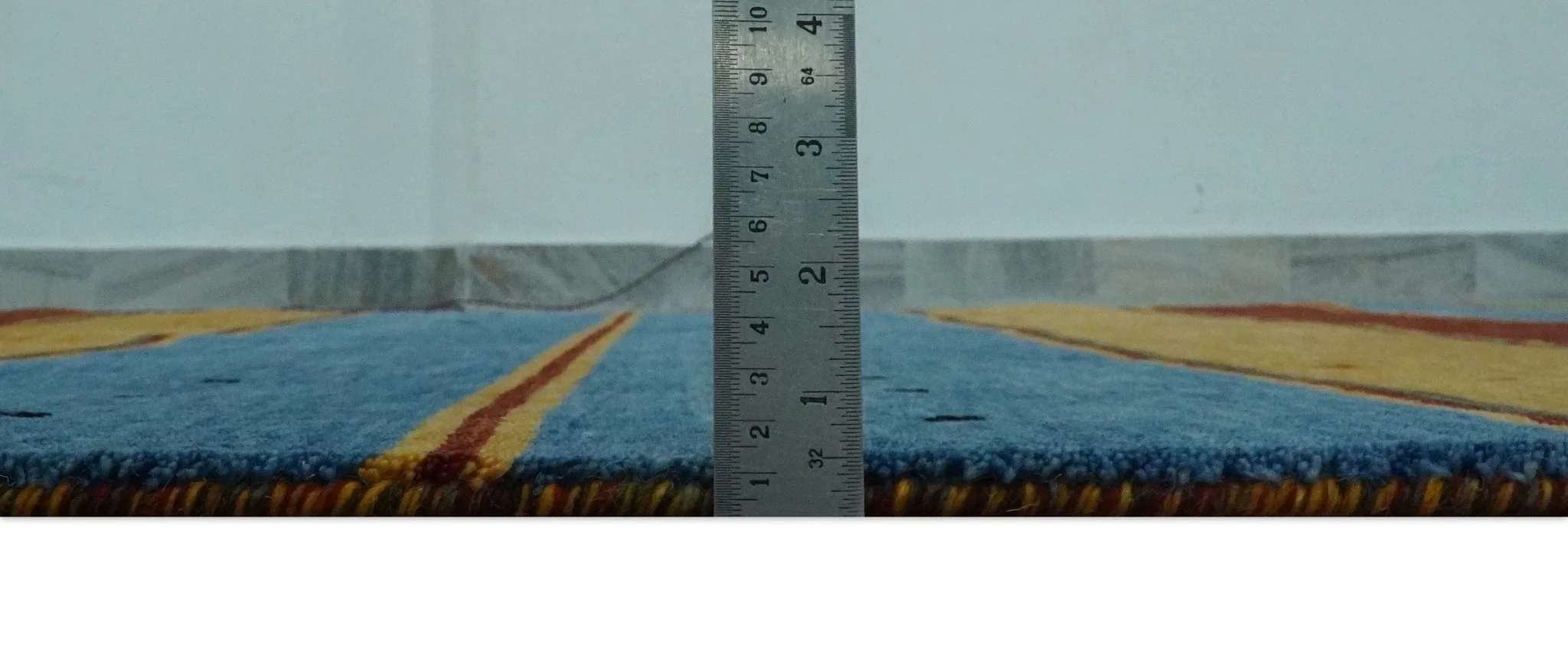 Modern Geometrical Blue, Gold, Brown and Green Stripes Design Hand loom 4.6x7 wool Area Rug - Image 8