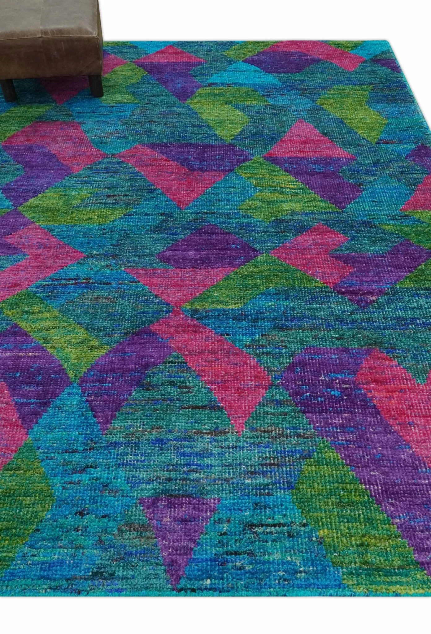 Modern Geometrical 6x8 Blue, Purple, Violet and Green Hand Knotted wool area rug - Image 10