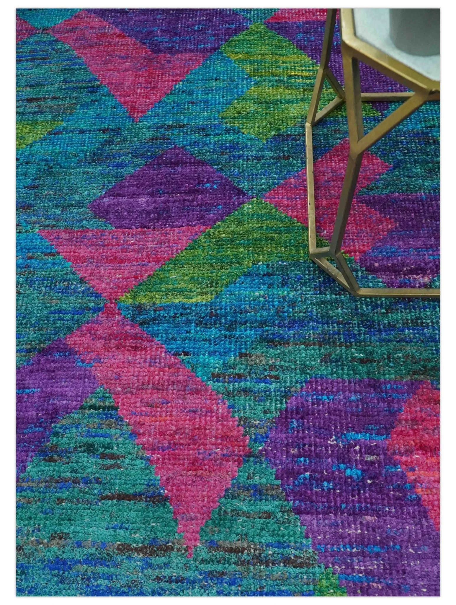 Modern Geometrical 6x8 Blue, Purple, Violet and Green Hand Knotted wool area rug - Image 2