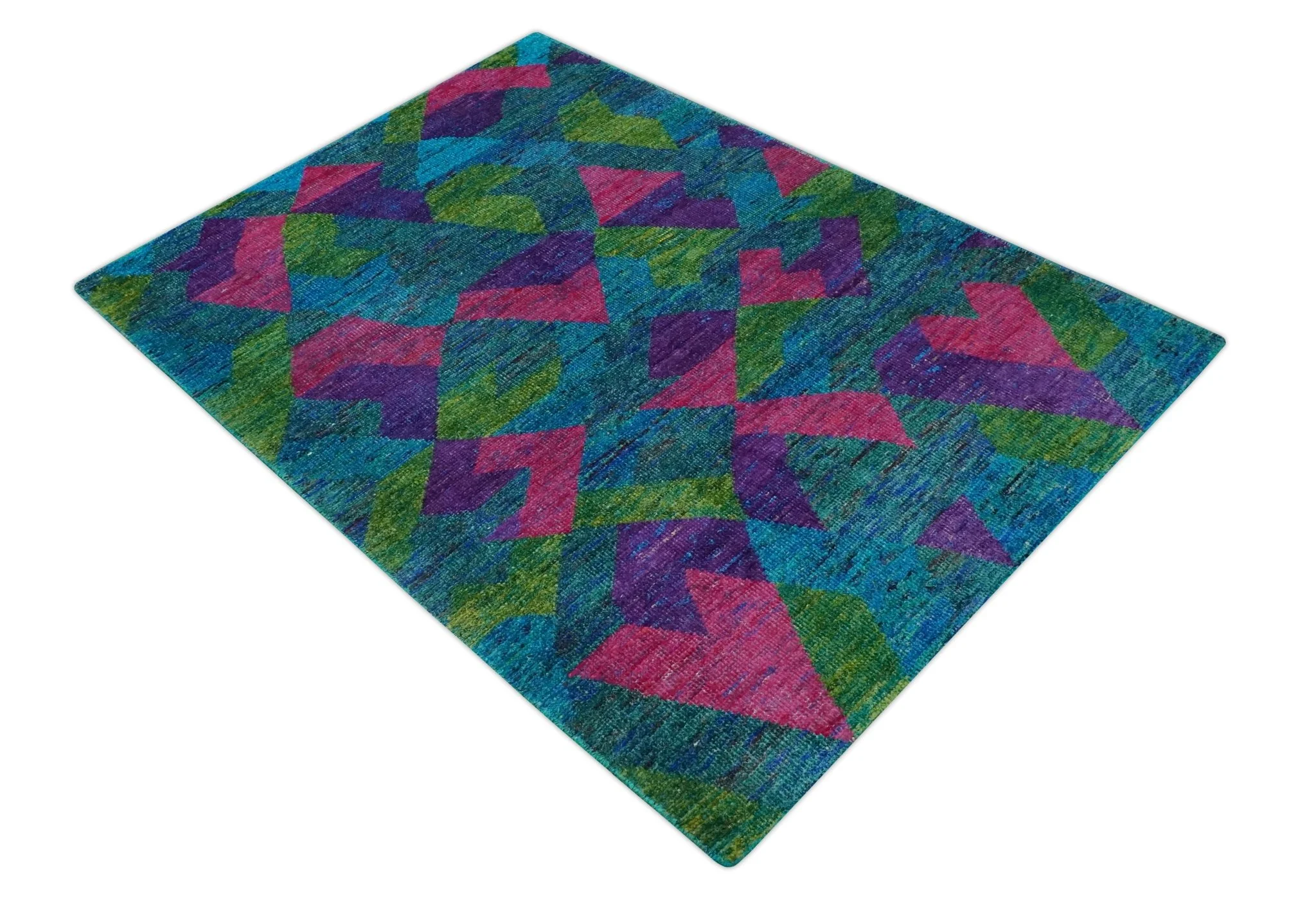 Modern Geometrical 6x8 Blue, Purple, Violet and Green Hand Knotted wool area rug - Image 3