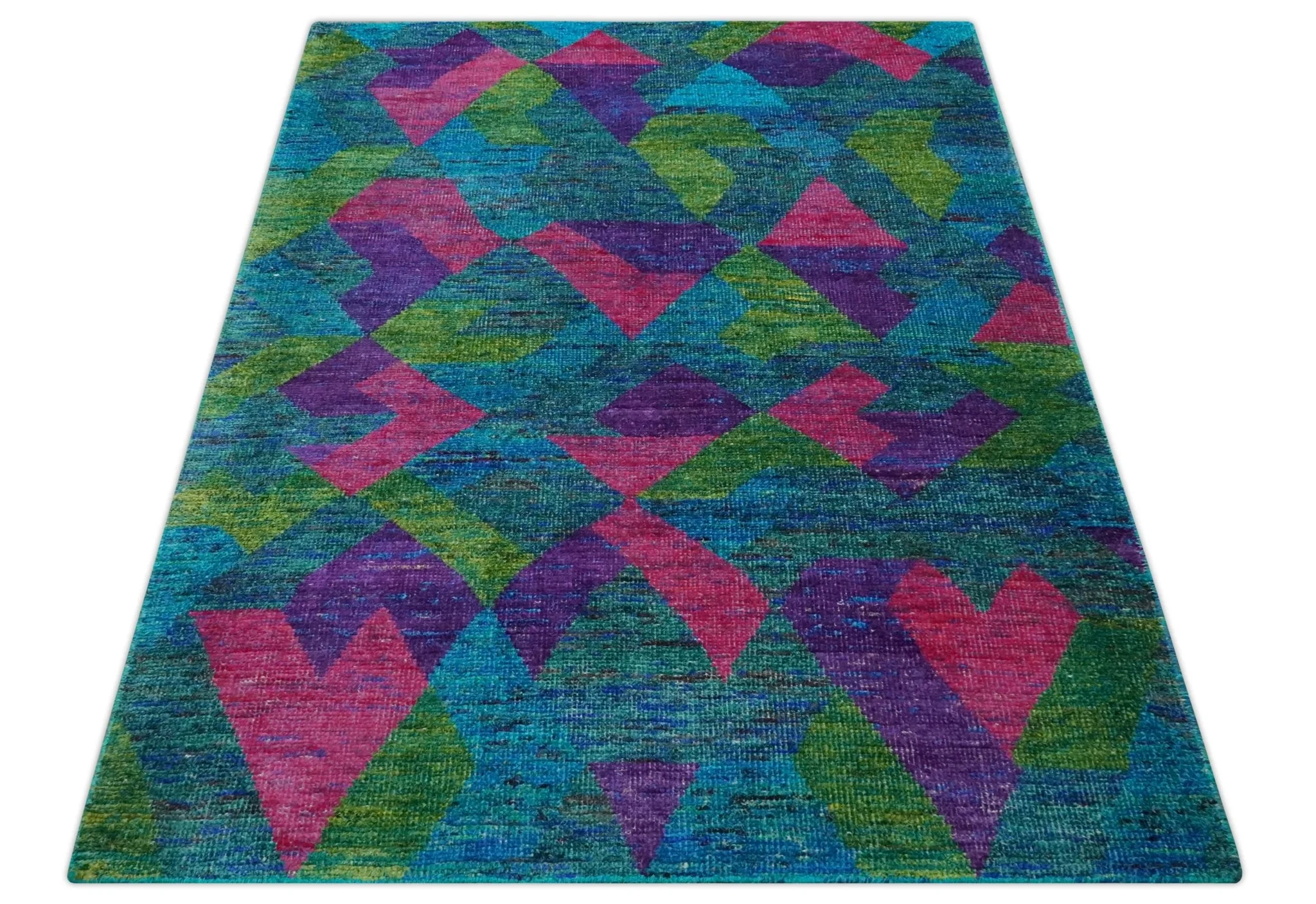 Modern Geometrical 6x8 Blue, Purple, Violet and Green Hand Knotted wool area rug - Image 4