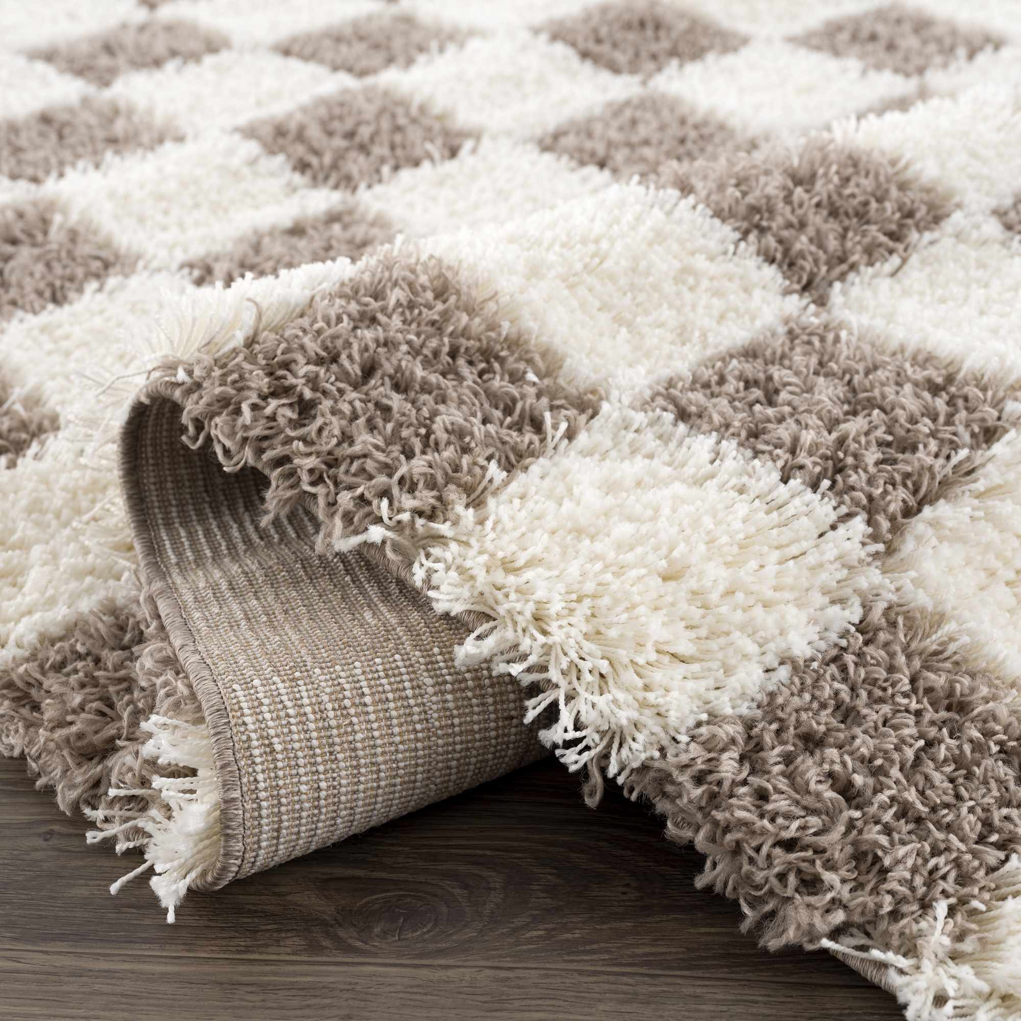 Modern Geometrical Brown and Ivory Checker Board Plush Pile Moroccan Style Area Rug - Image 11