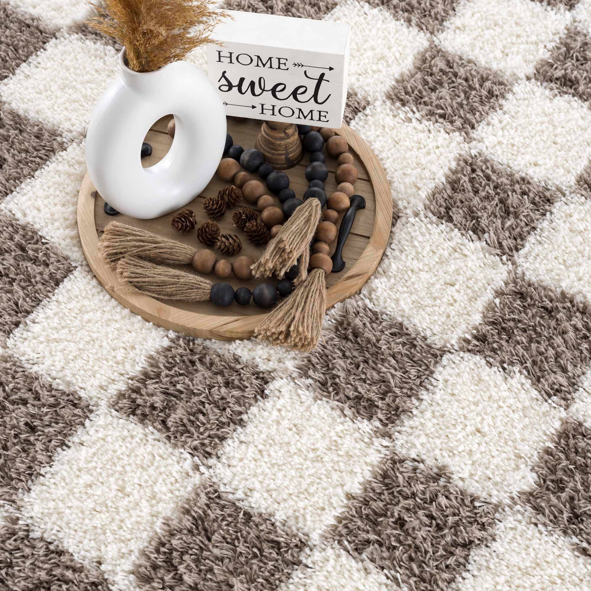 Modern Geometrical Brown and Ivory Checker Board Plush Pile Moroccan Style Area Rug - Image 14