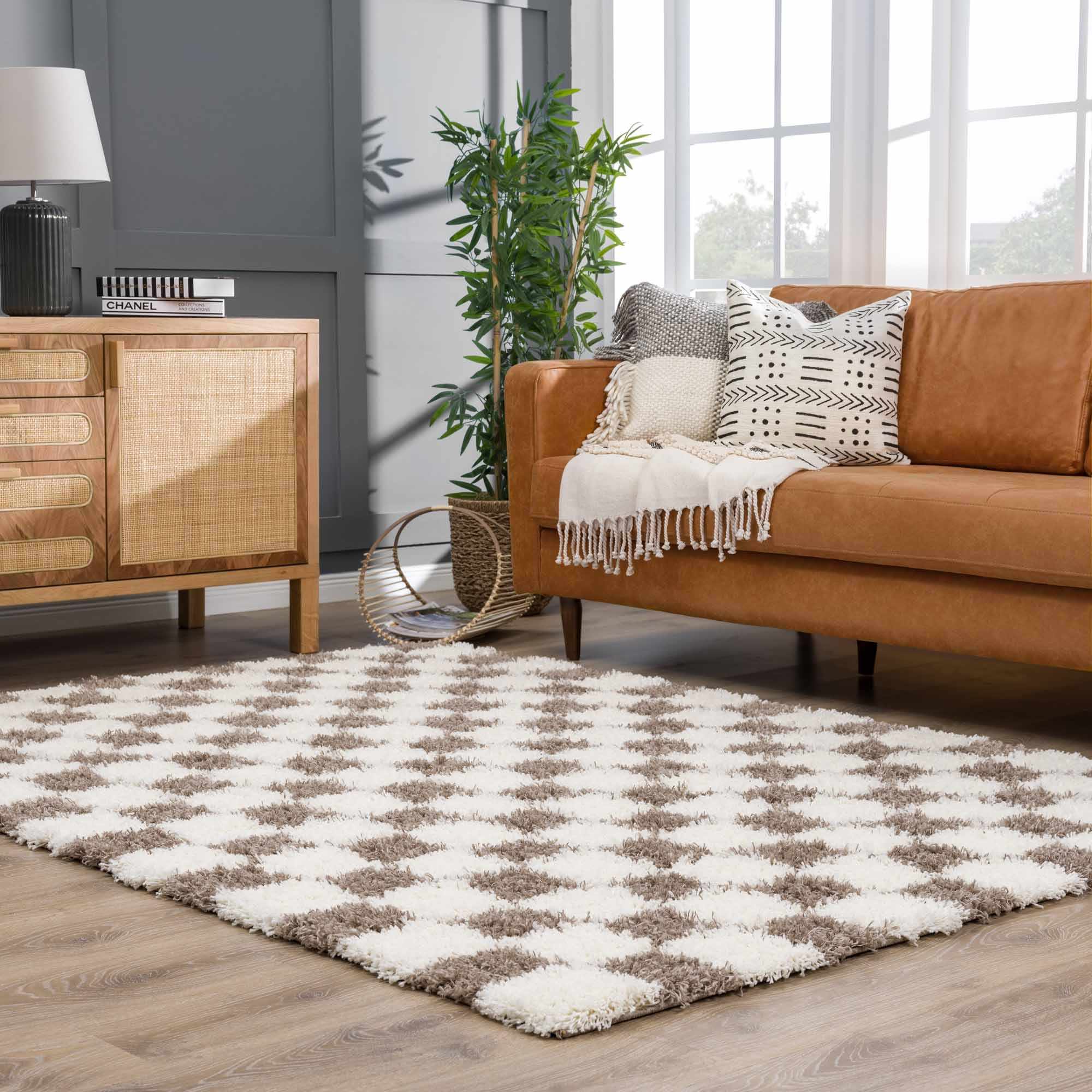 Modern Geometrical Brown and Ivory Checker Board Plush Pile Moroccan Style Area Rug - Image 15