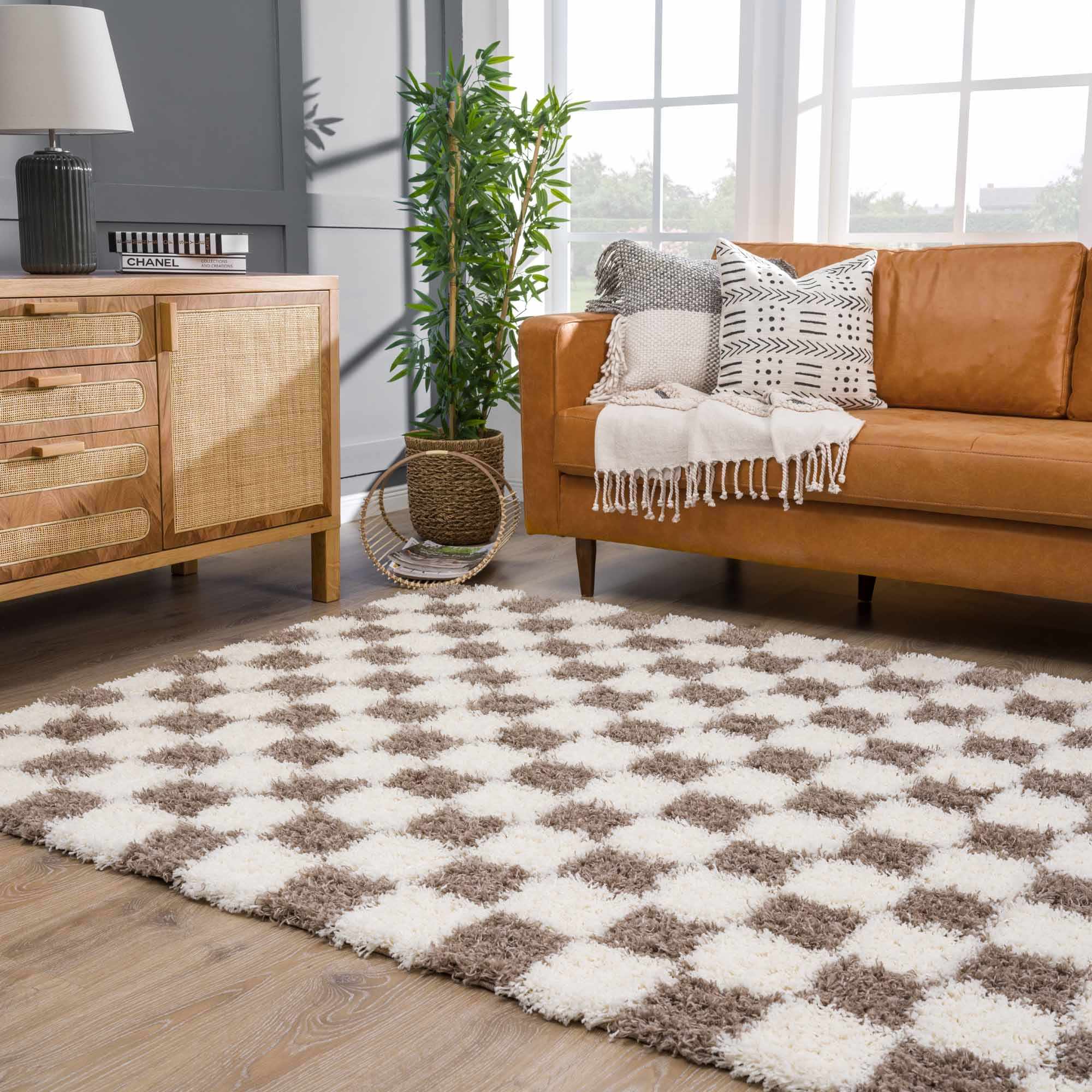 Modern Geometrical Brown and Ivory Checker Board Plush Pile Moroccan Style Area Rug - Image 16