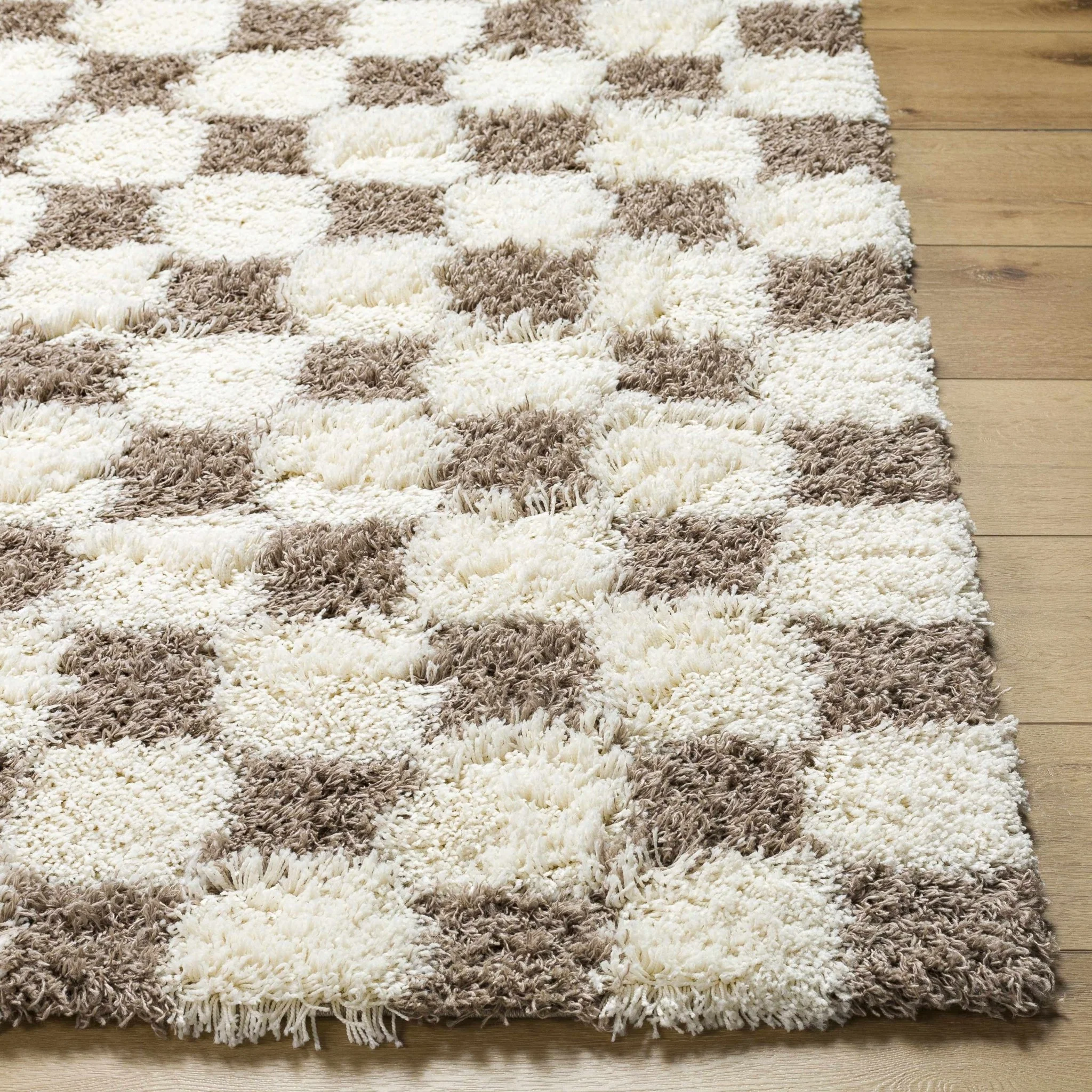 Modern Geometrical Brown and Ivory Checker Board Plush Pile Moroccan Style Area Rug - Image 17