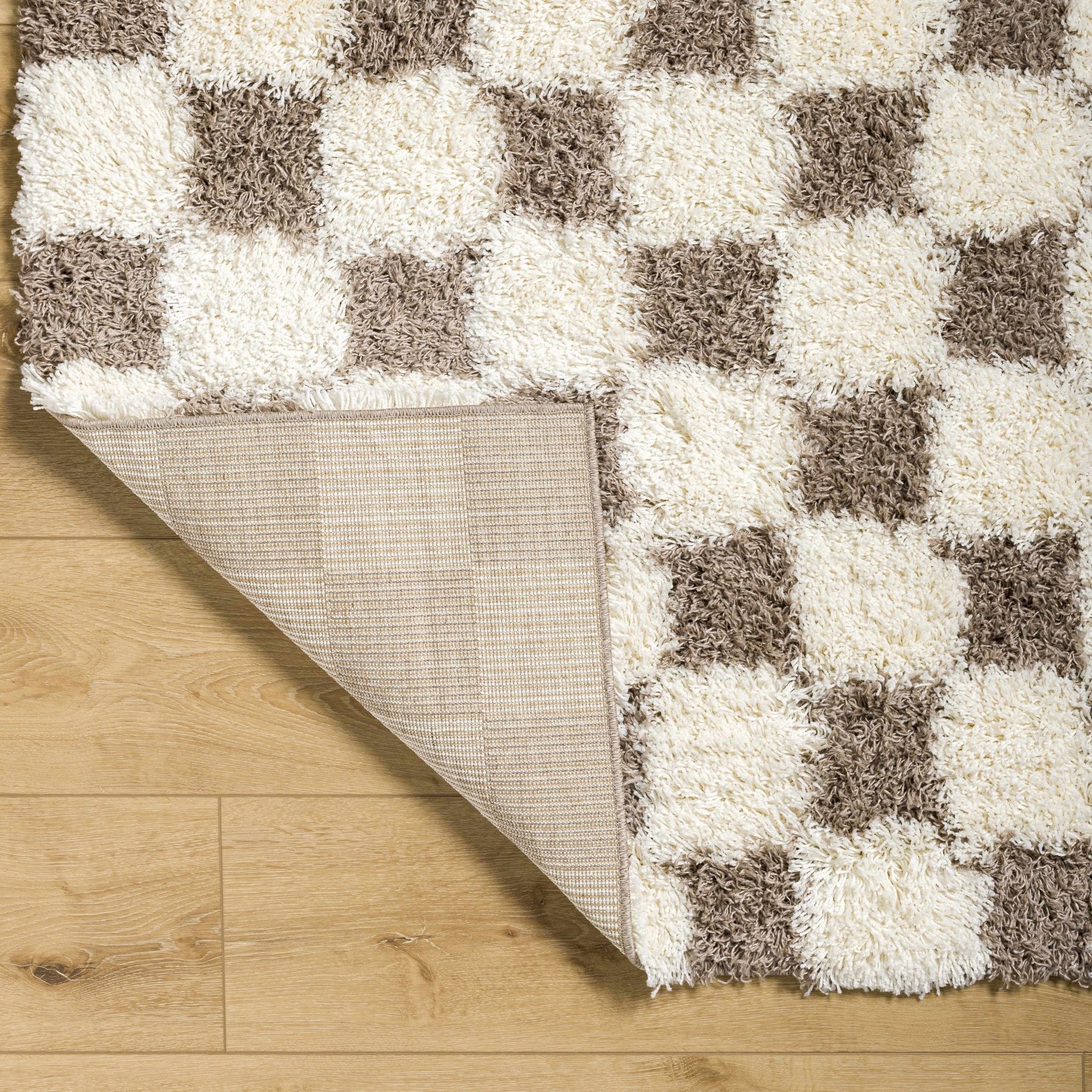 Modern Geometrical Brown and Ivory Checker Board Plush Pile Moroccan Style Area Rug - Image 18
