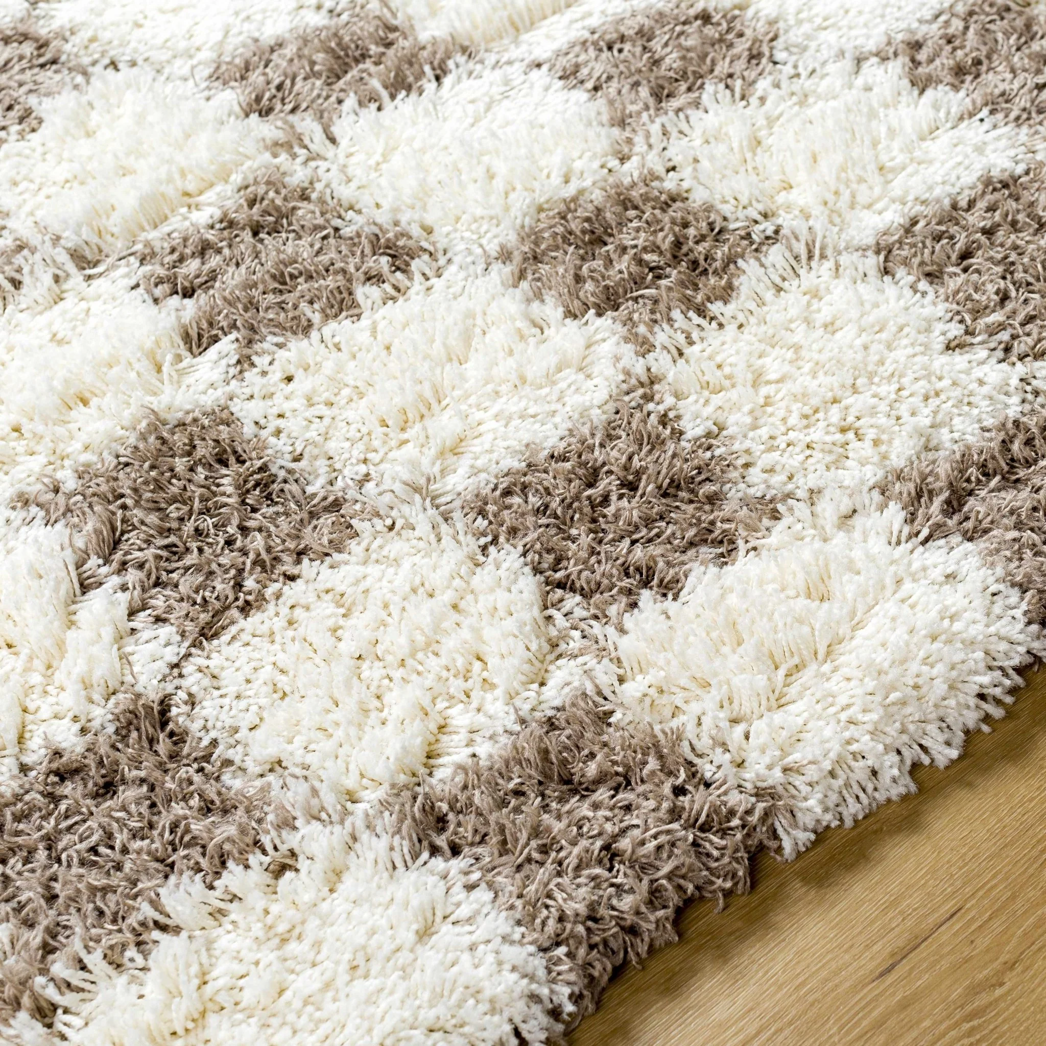 Modern Geometrical Brown and Ivory Checker Board Plush Pile Moroccan Style Area Rug - Image 19