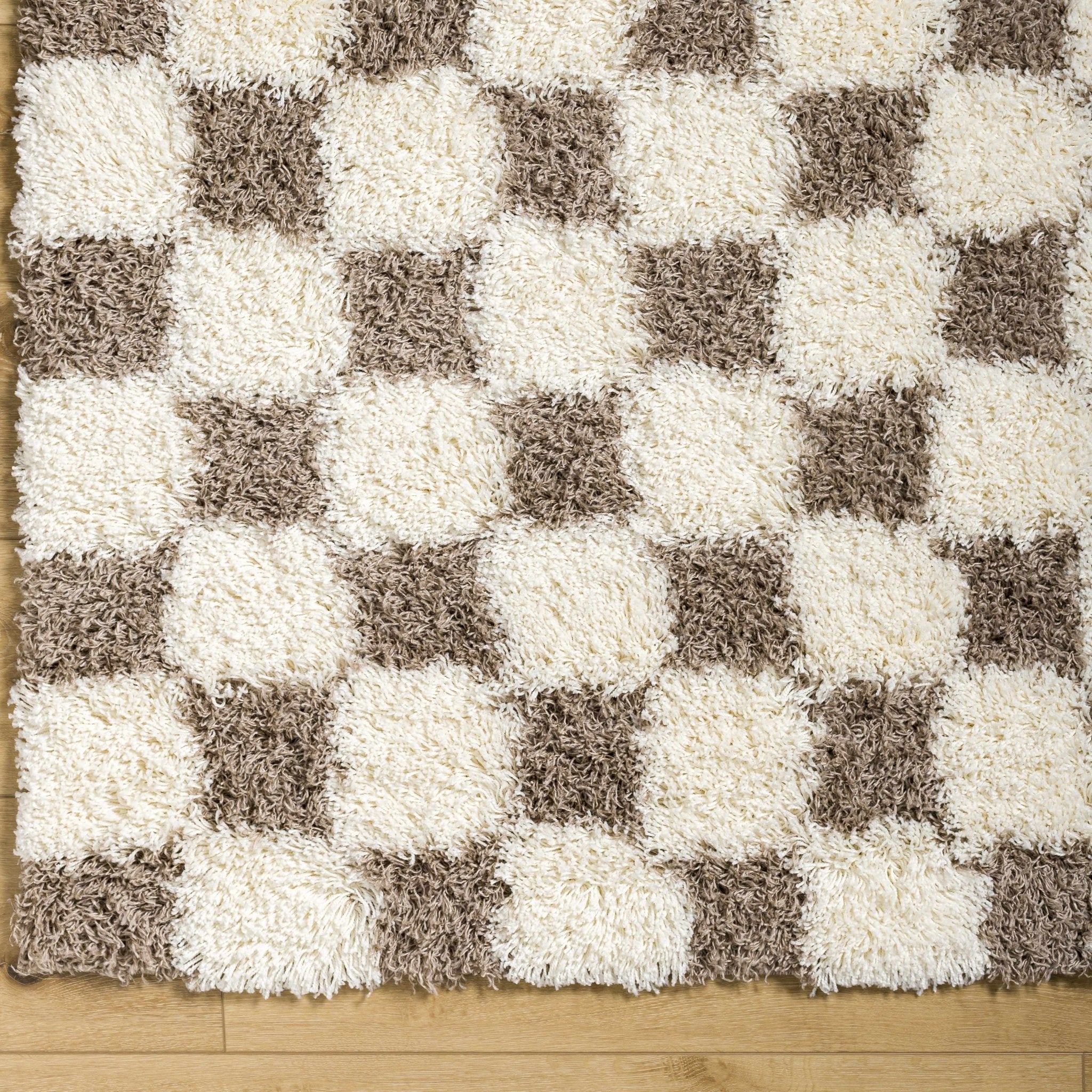 Modern Geometrical Brown and Ivory Checker Board Plush Pile Moroccan Style Area Rug - Image 20