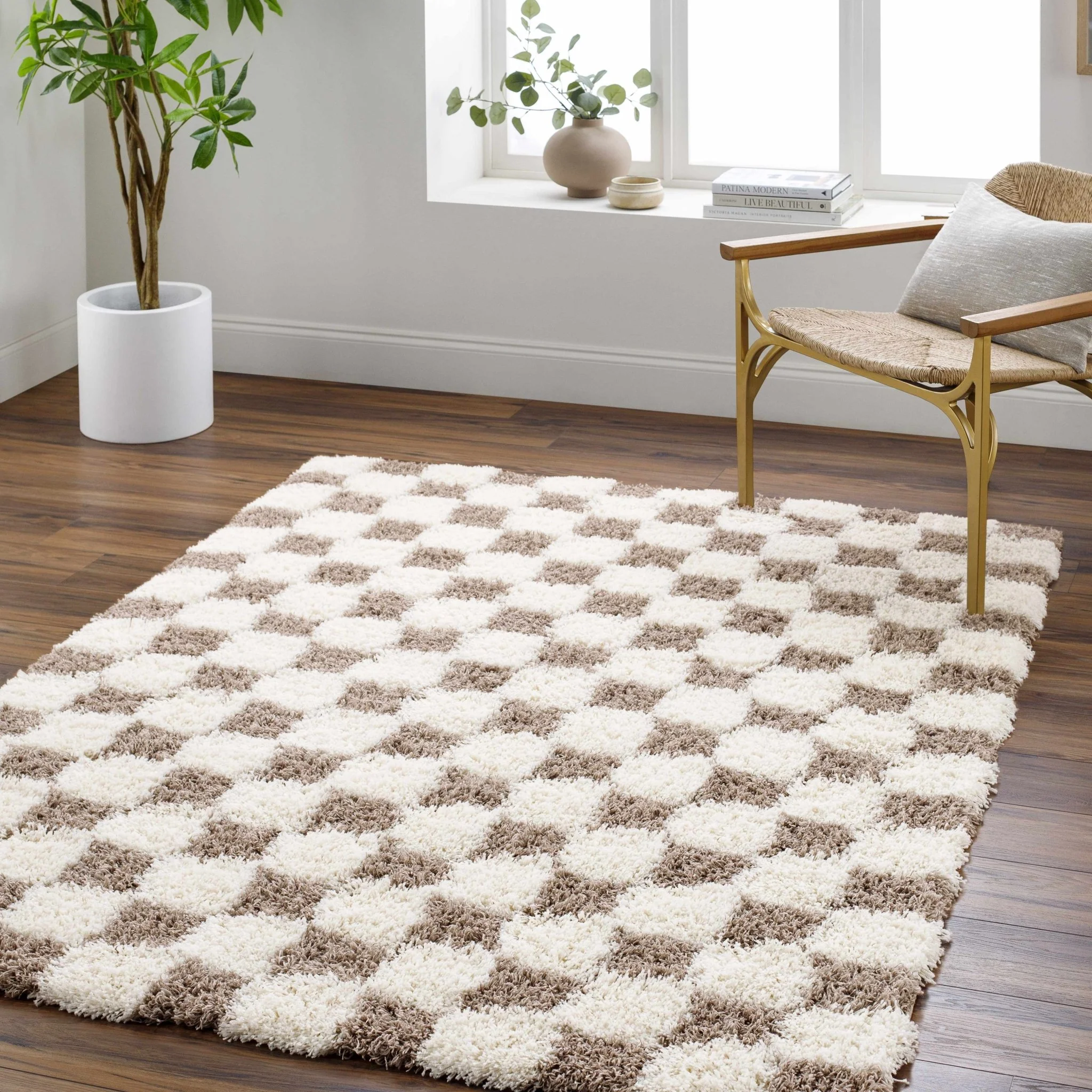 Modern Geometrical Brown and Ivory Checker Board Plush Pile Moroccan Style Area Rug - Image 21