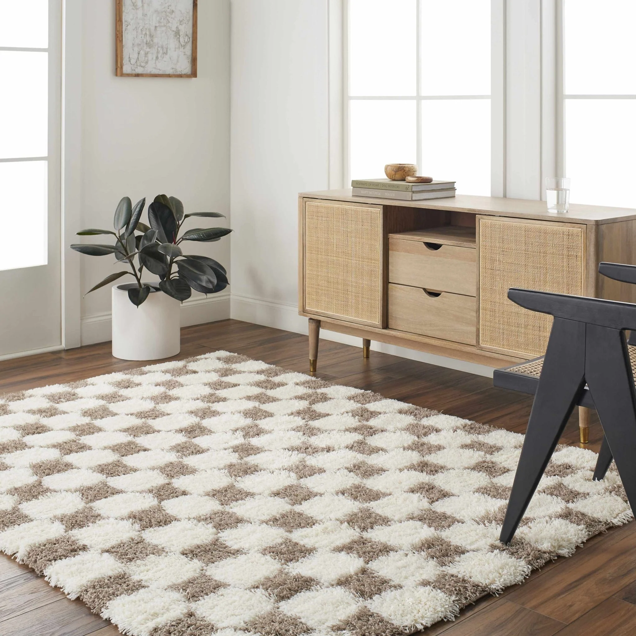 Modern Geometrical Brown and Ivory Checker Board Plush Pile Moroccan Style Area Rug - Image 23