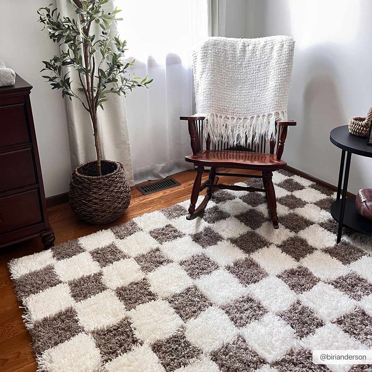 Modern Geometrical Brown and Ivory Checker Board Plush Pile Moroccan Style Area Rug - Image 4