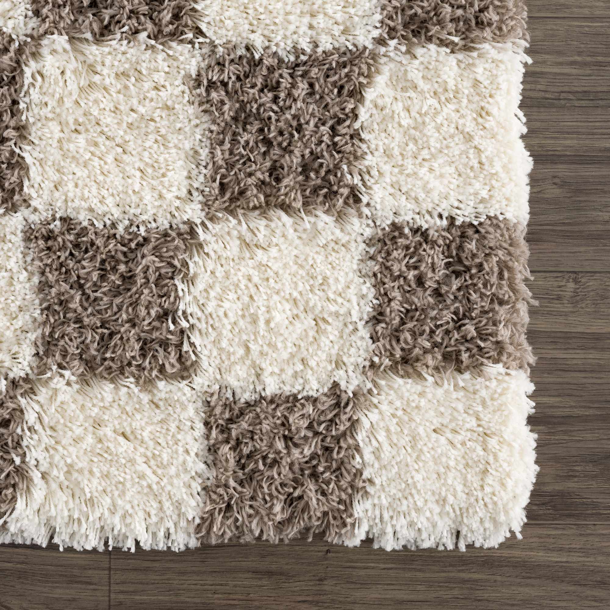 Modern Geometrical Brown and Ivory Checker Board Plush Pile Moroccan Style Area Rug - Image 6