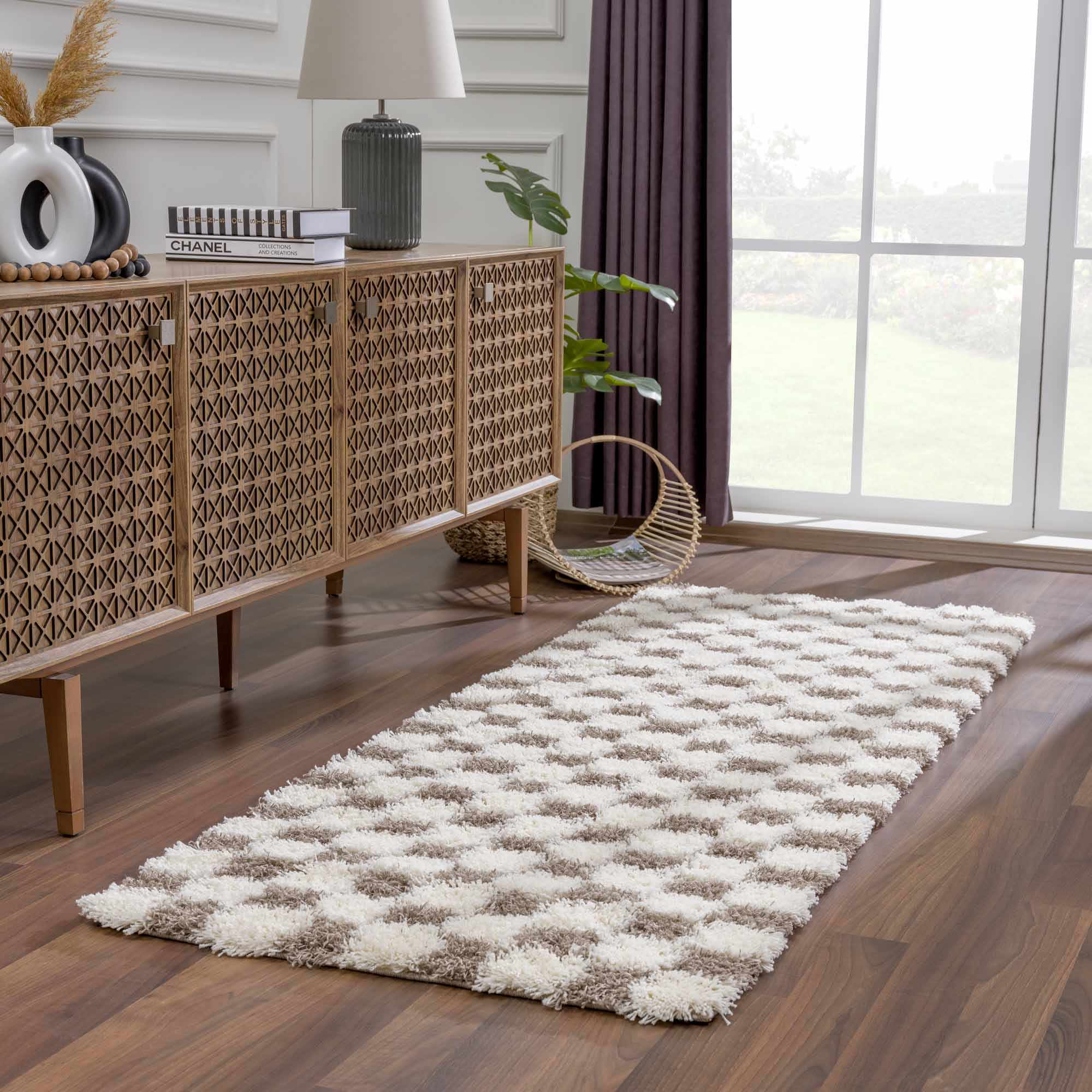 Modern Geometrical Brown and Ivory Checker Board Plush Pile Moroccan Style Area Rug - Image 7