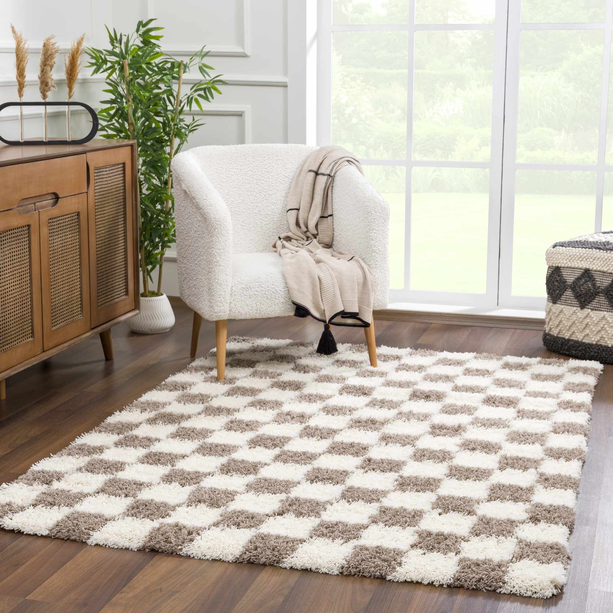 Modern Geometrical Brown and Ivory Checker Board Plush Pile Moroccan Style Area Rug - Image 9