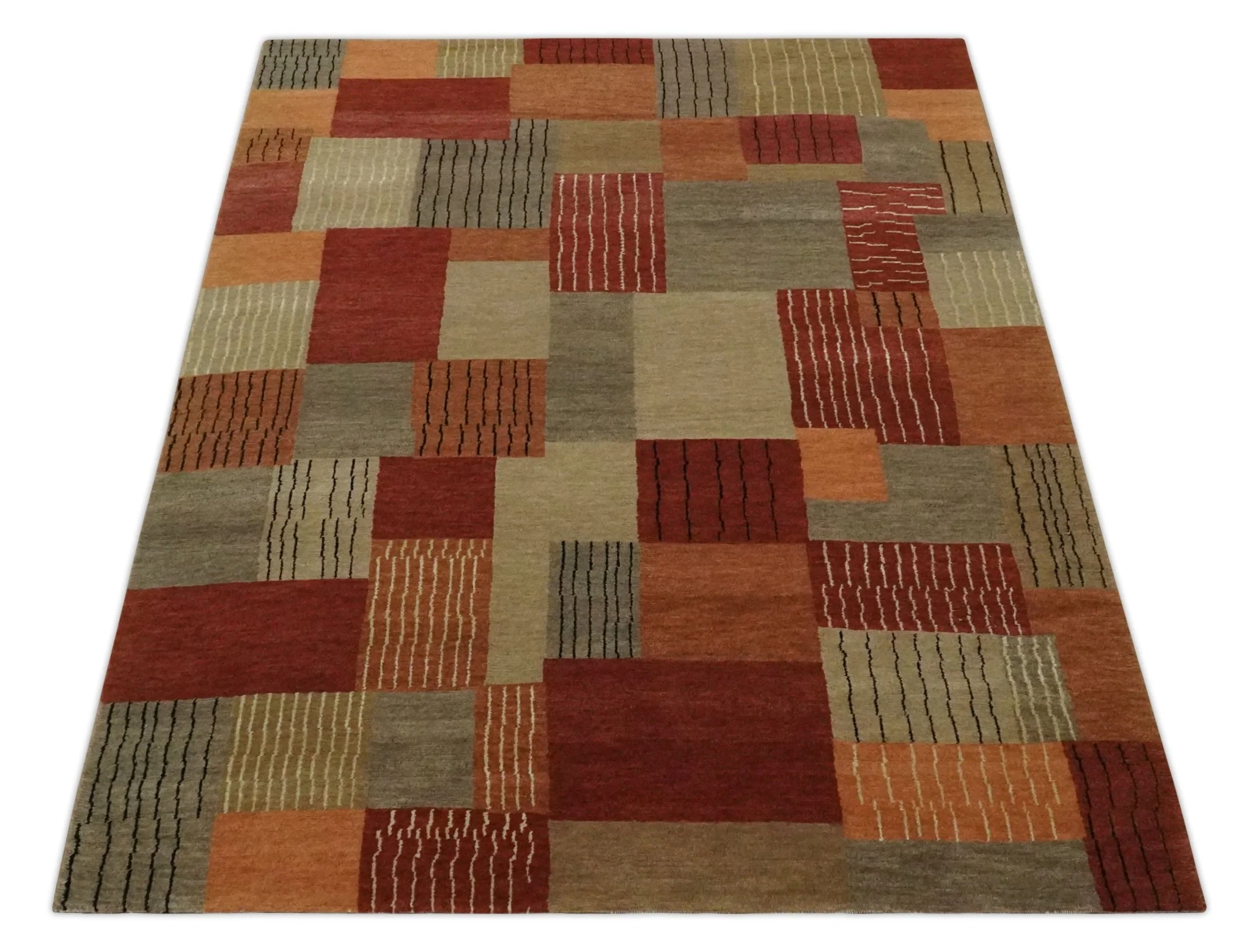 Modern Geometrical Brown, Rust, Gray and Beige Handloom 6x8 wool and Art Silk Area Rug - Image 10