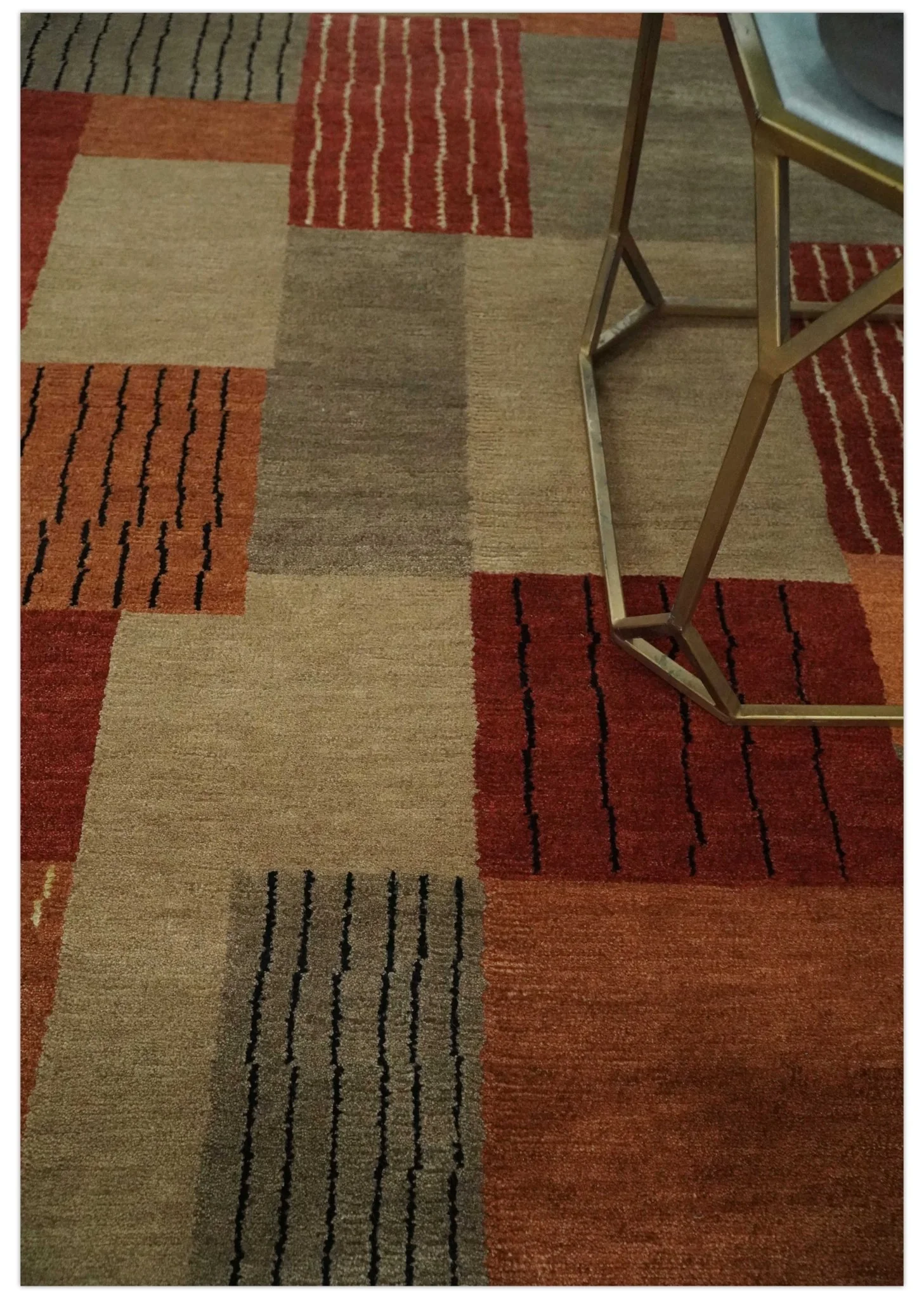Modern Geometrical Brown, Rust, Gray and Beige Handloom 6x8 wool and Art Silk Area Rug - Image 2