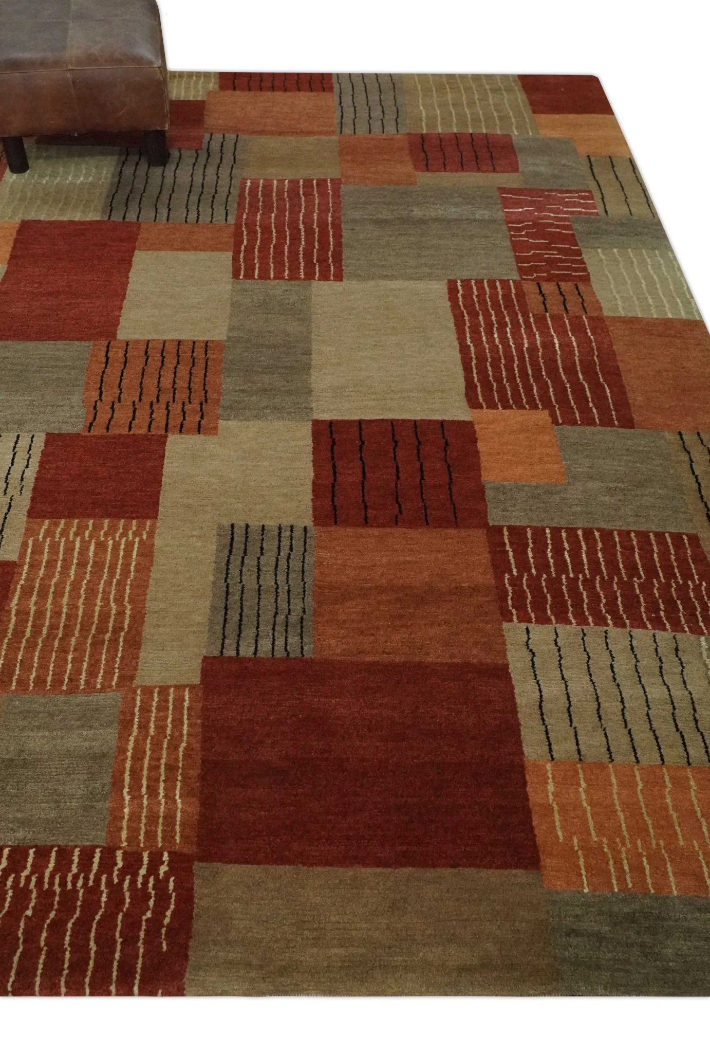 Modern Geometrical Brown, Rust, Gray and Beige Handloom 6x8 wool and Art Silk Area Rug - Image 3