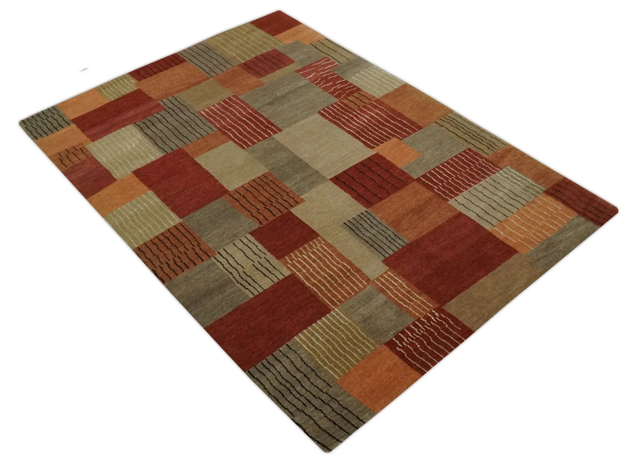 Modern Geometrical Brown, Rust, Gray and Beige Handloom 6x8 wool and Art Silk Area Rug - Image 9