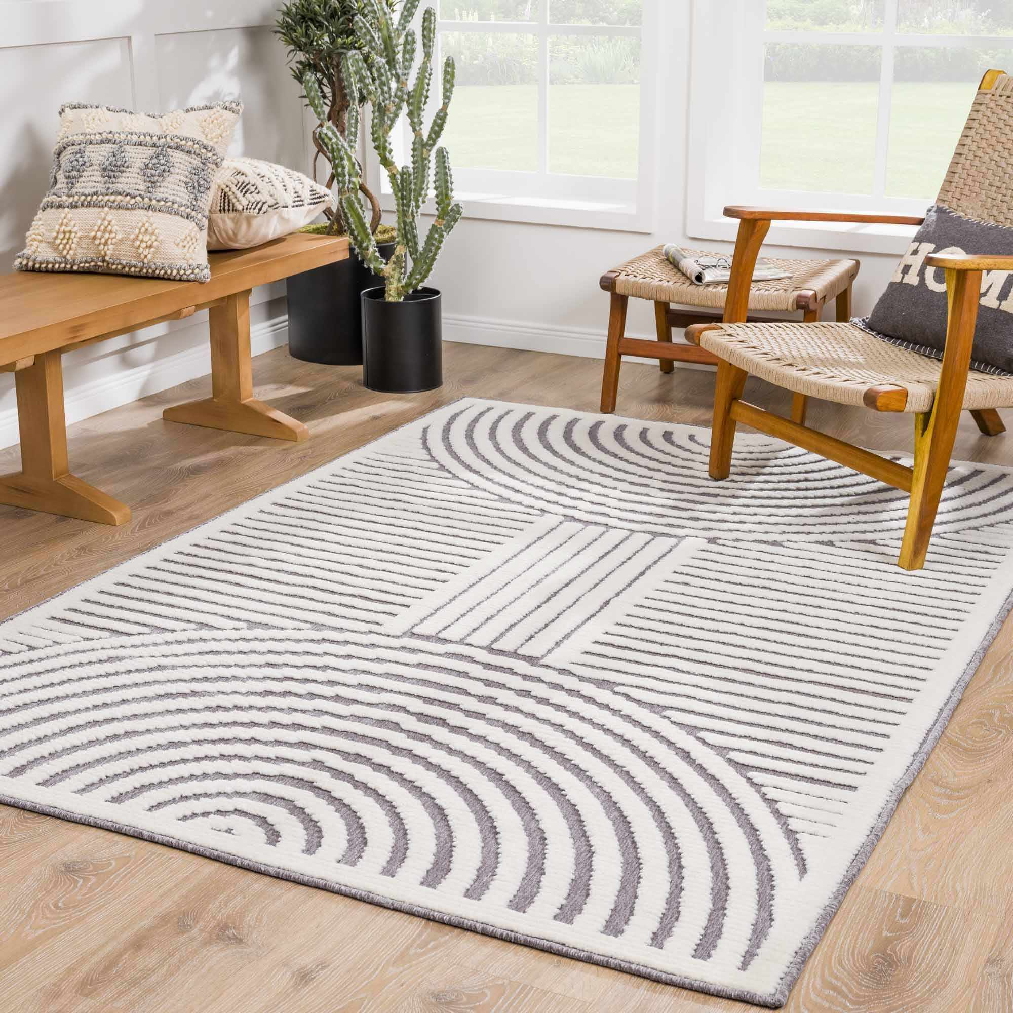 Modern Geometrical Arc Texture Ivory and Purple Washable Area Rug - Image 2