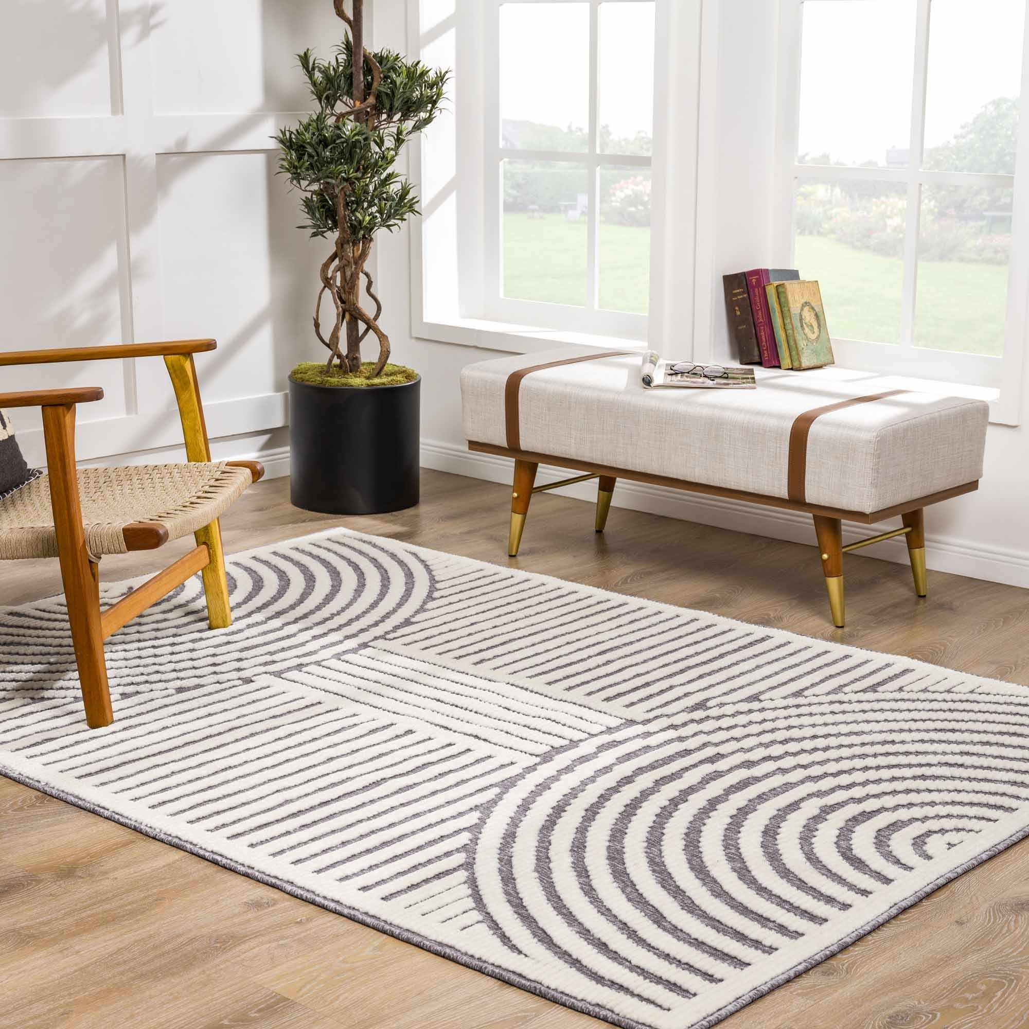 Modern Geometrical Arc Texture Ivory and Purple Washable Area Rug - Image 3