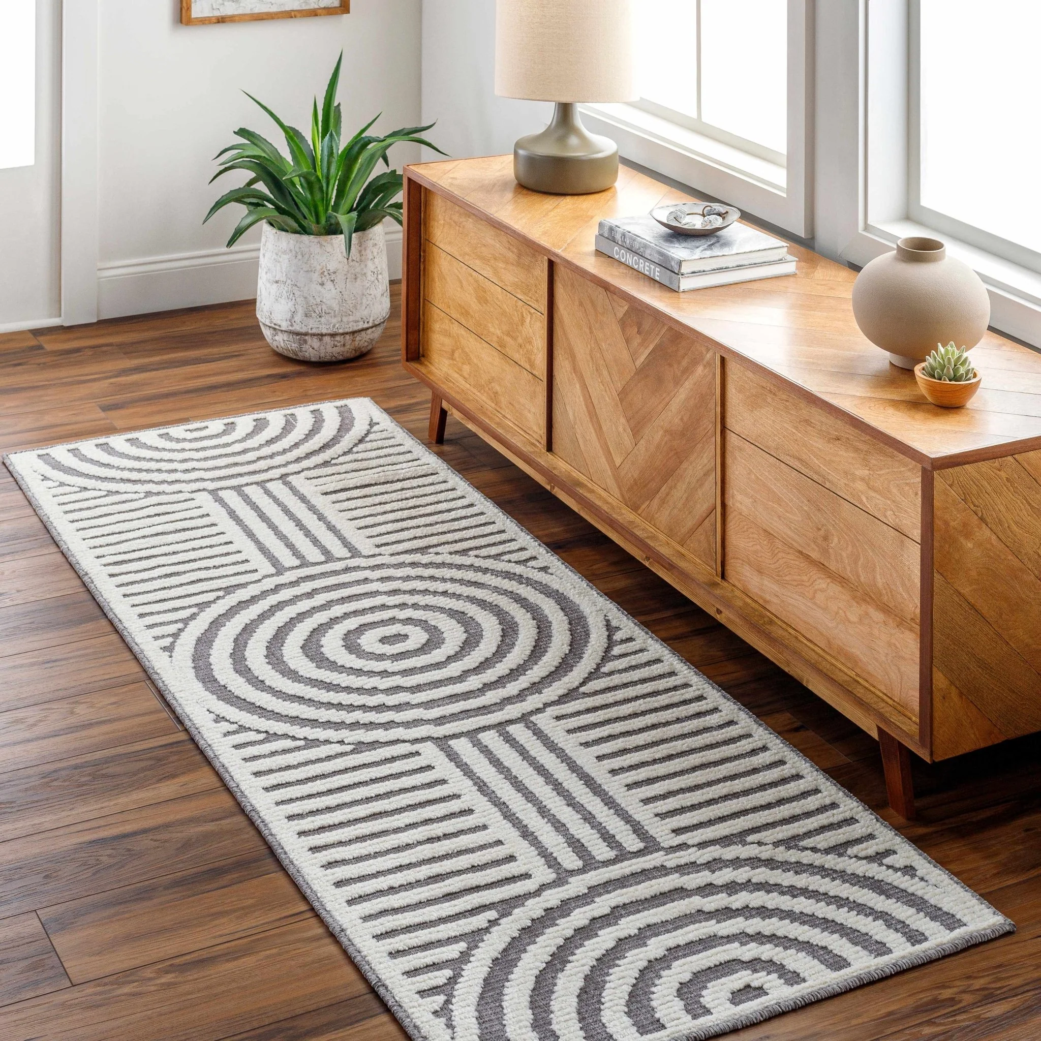 Modern Geometrical Arc Texture Ivory and Purple Washable Area Rug - Image 5