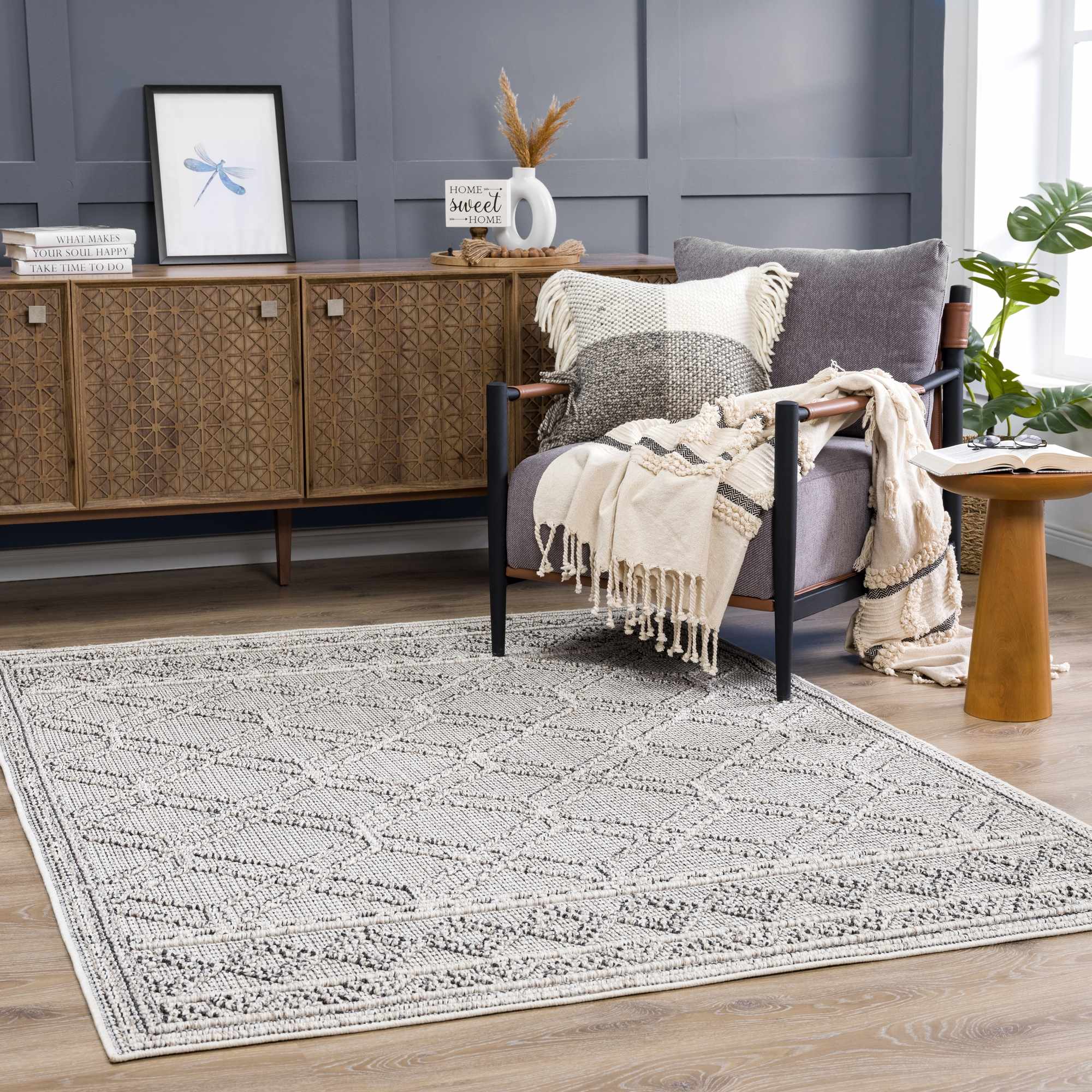 Modern Geometrical Texture Silver and Charcoal Outdoor Safe Area Rug - Image 3
