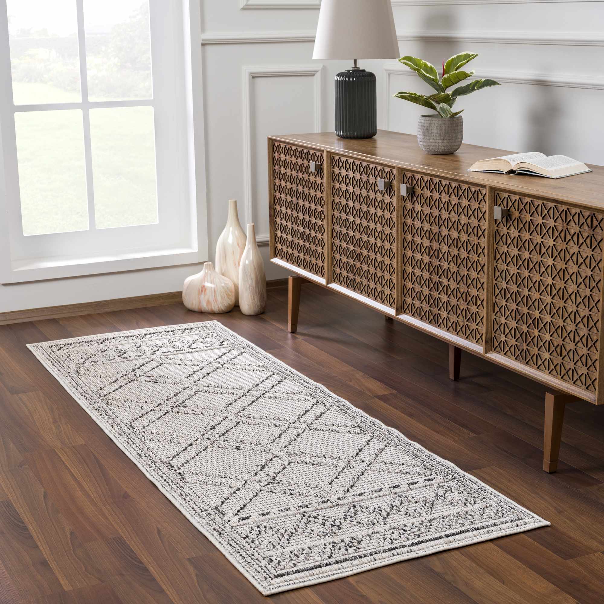 Modern Geometrical Texture Silver and Charcoal Outdoor Safe Area Rug - Image 4