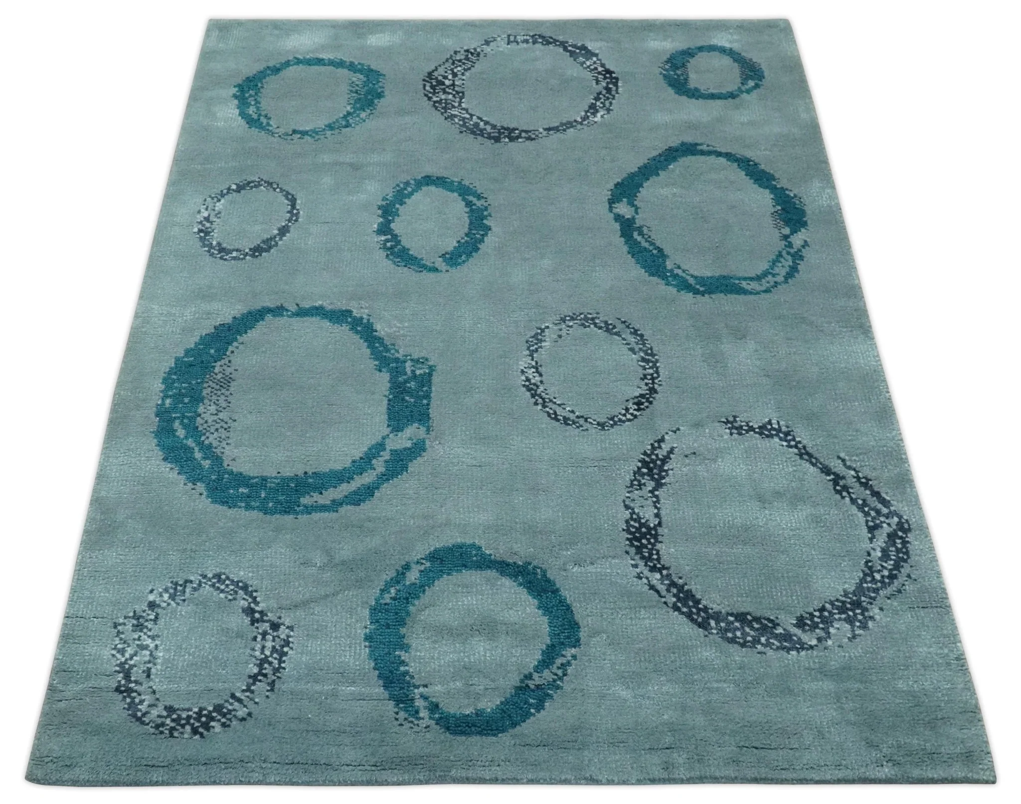 Modern Geometrical Circle Design Teal and Charcoal 5x7 Hand Knotted wool area rug - Image 10