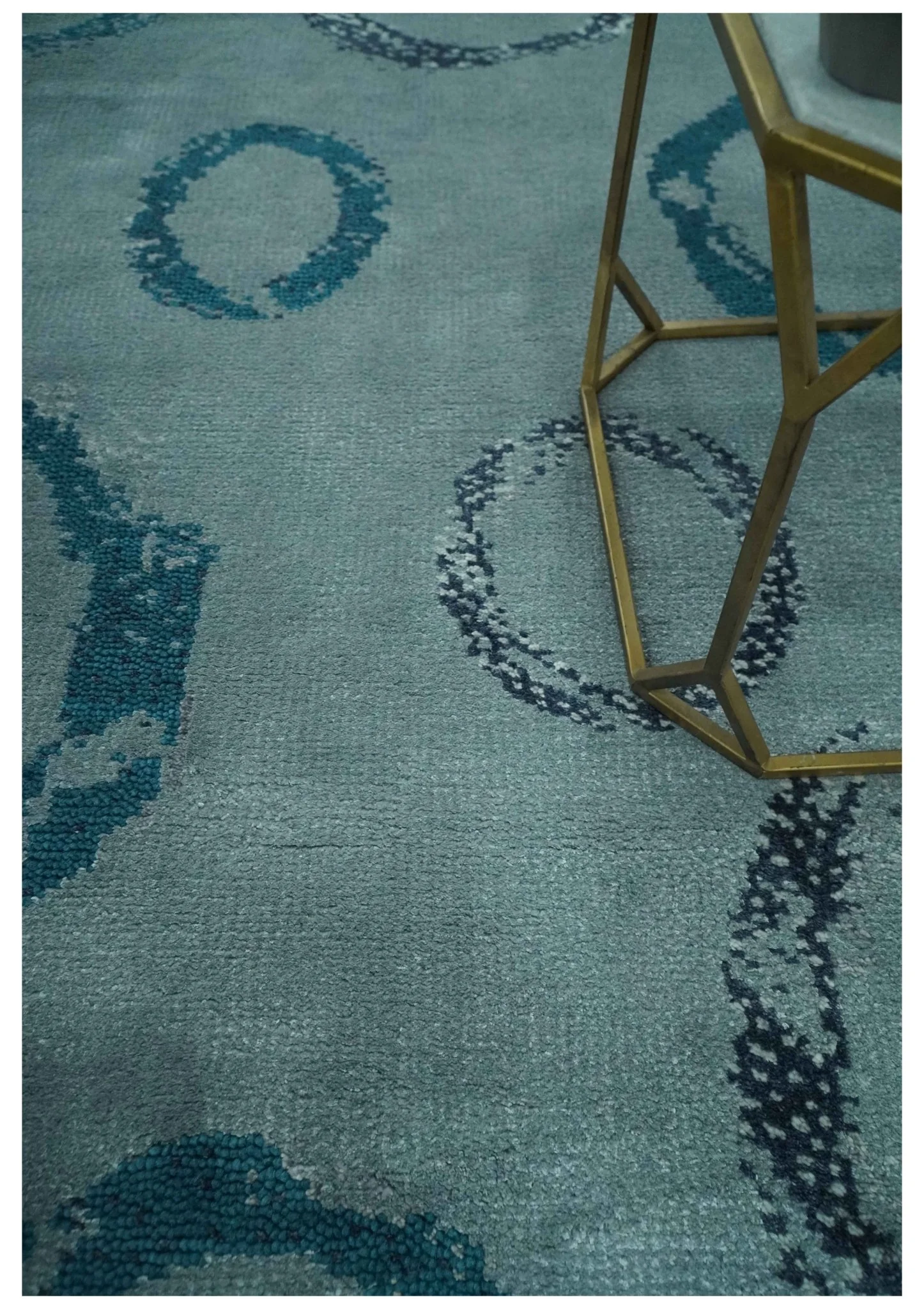 Modern Geometrical Circle Design Teal and Charcoal 5x7 Hand Knotted wool area rug - Image 2