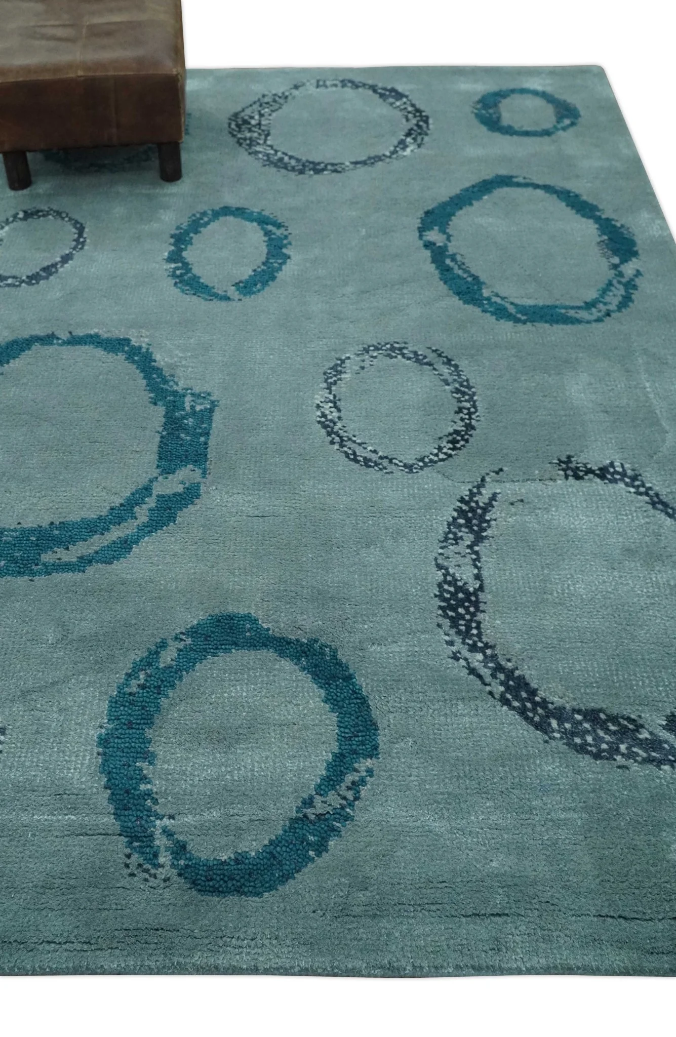 Modern Geometrical Circle Design Teal and Charcoal 5x7 Hand Knotted wool area rug - Image 3