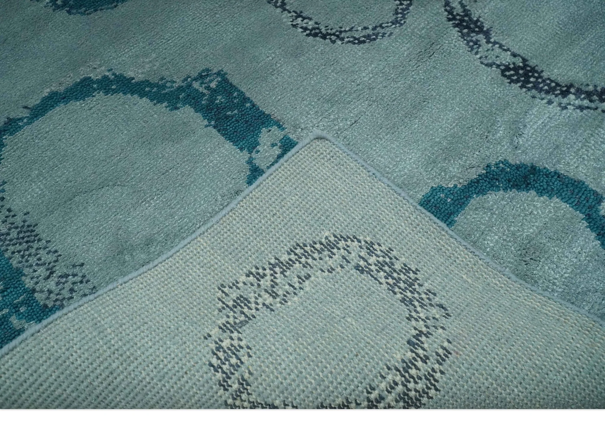 Modern Geometrical Circle Design Teal and Charcoal 5x7 Hand Knotted wool area rug - Image 6