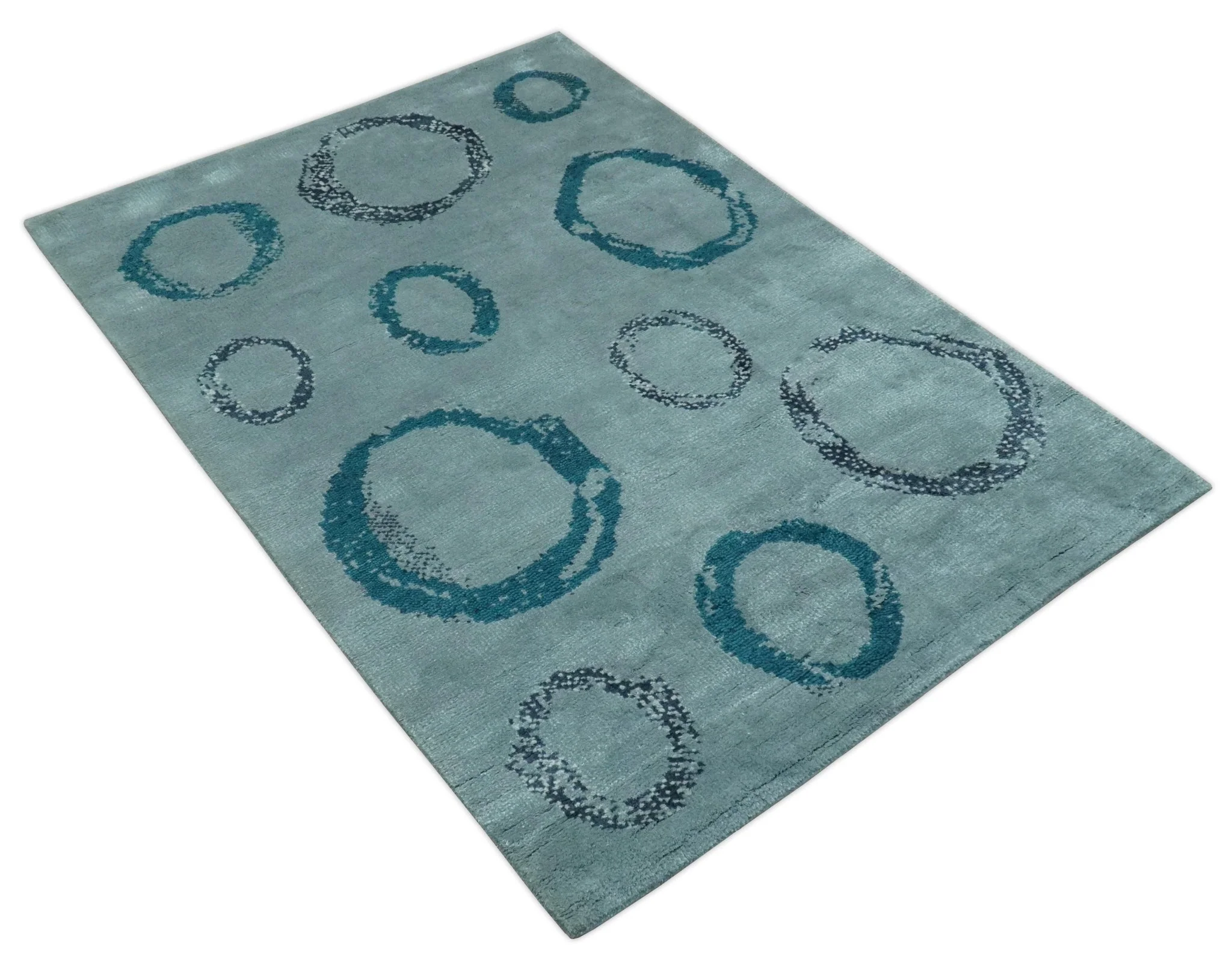 Modern Geometrical Circle Design Teal and Charcoal 5x7 Hand Knotted wool area rug - Image 9