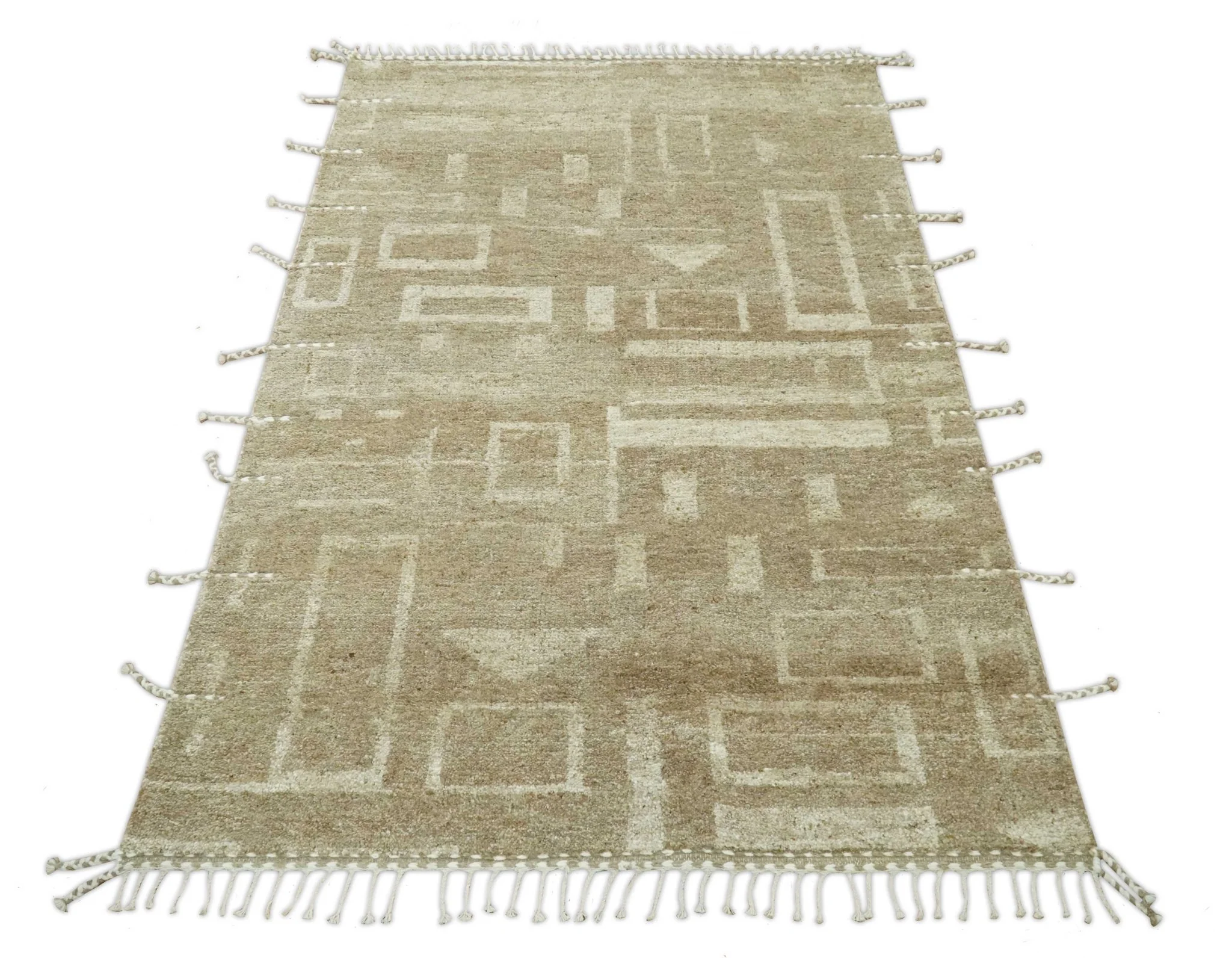 Modern Geometrical Dark Beige and Ivory Hand Knotted 5x8 Wool Area Rug - Image 10