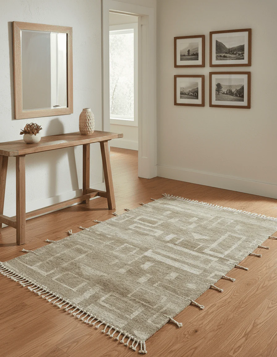 Modern Geometrical Dark Beige and Ivory Hand Knotted 5x8 Wool Area Rug - Image 2