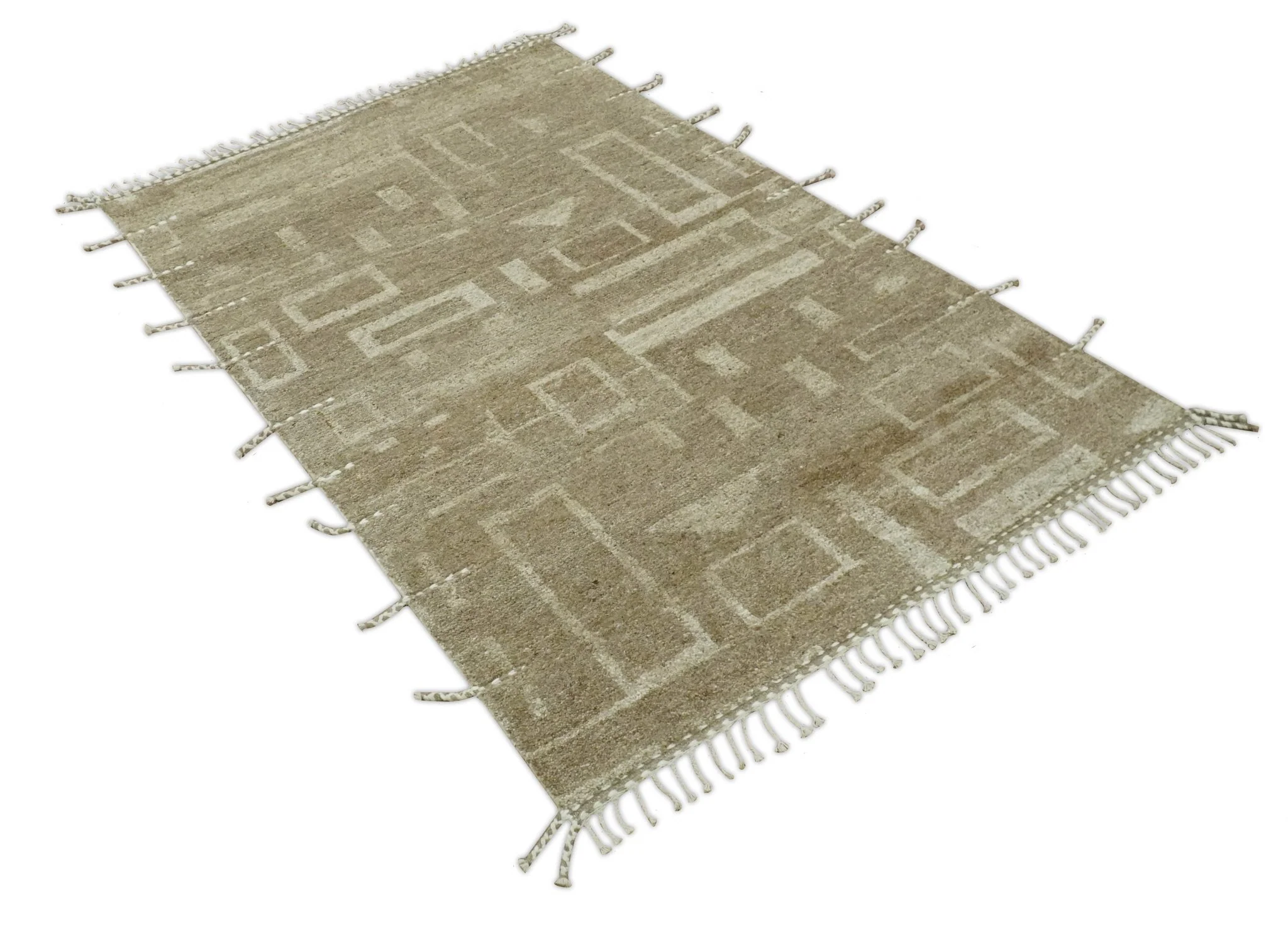 Modern Geometrical Dark Beige and Ivory Hand Knotted 5x8 Wool Area Rug - Image 9