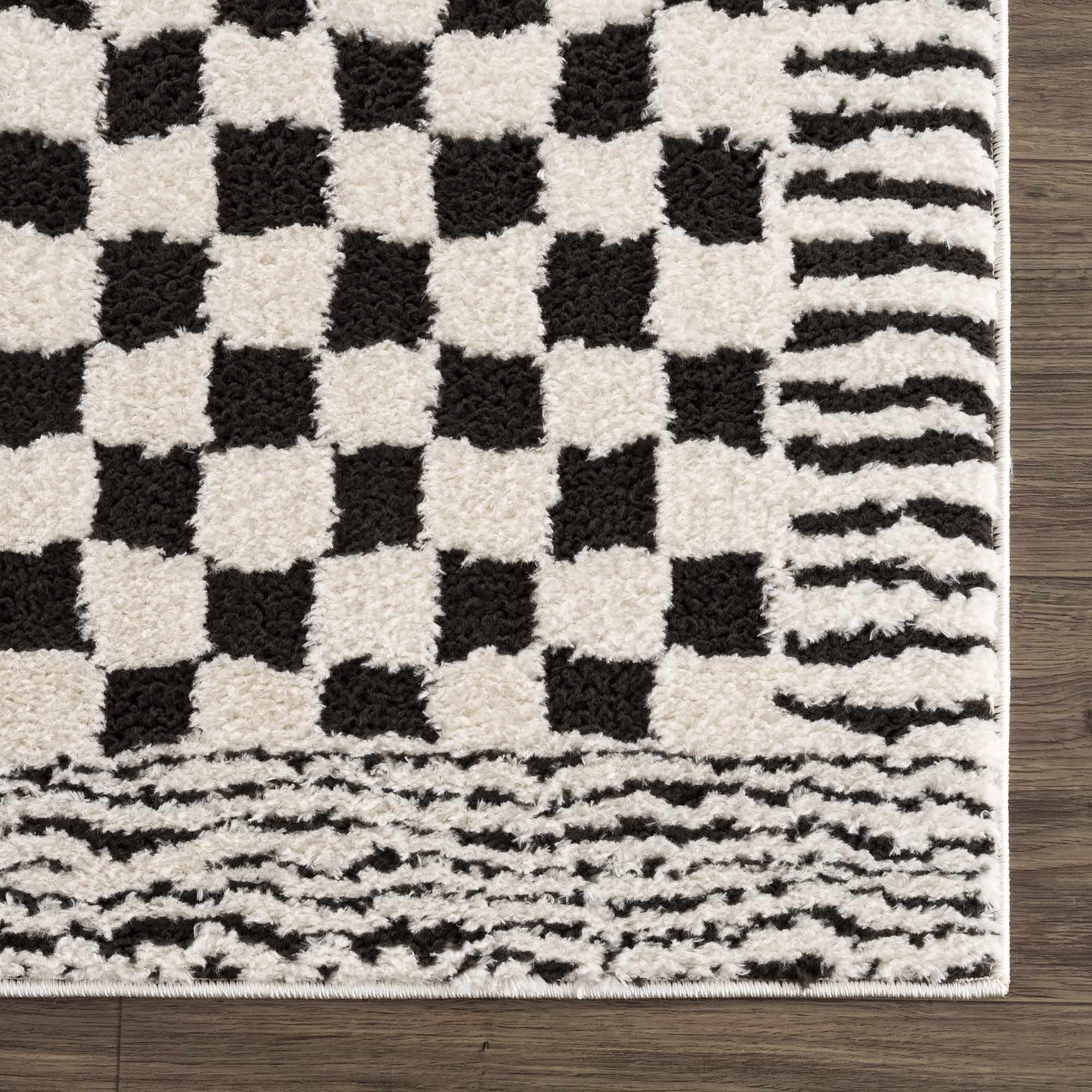 Modern Geometrical Ivory and Black Checkered Plush Pile Moroccan Style Area Rug - Image 10