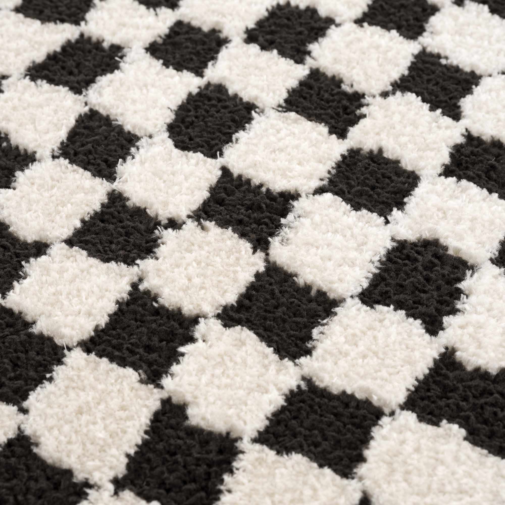 Modern Geometrical Ivory and Black Checkered Plush Pile Moroccan Style Area Rug - Image 12