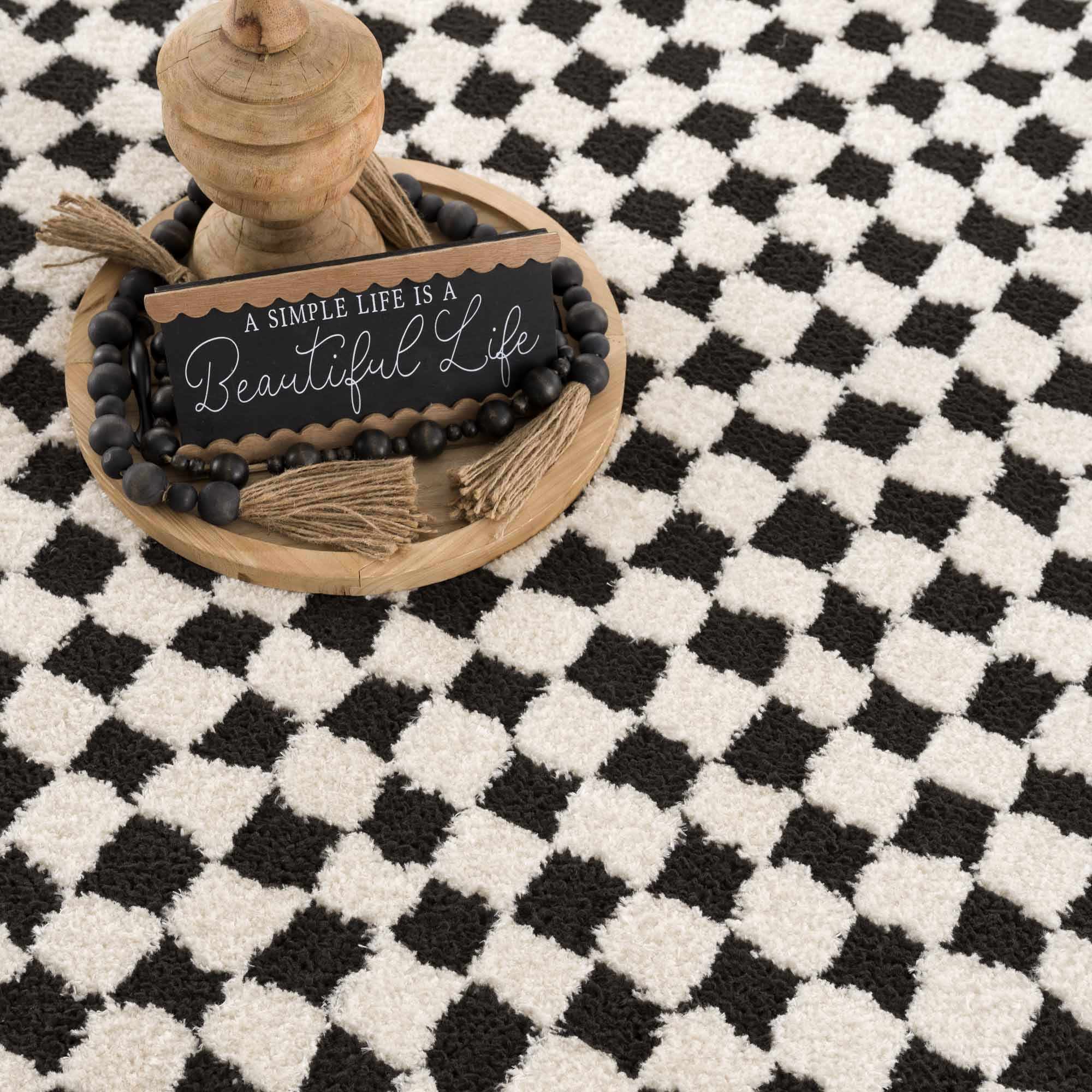 Modern Geometrical Ivory and Black Checkered Plush Pile Moroccan Style Area Rug - Image 13